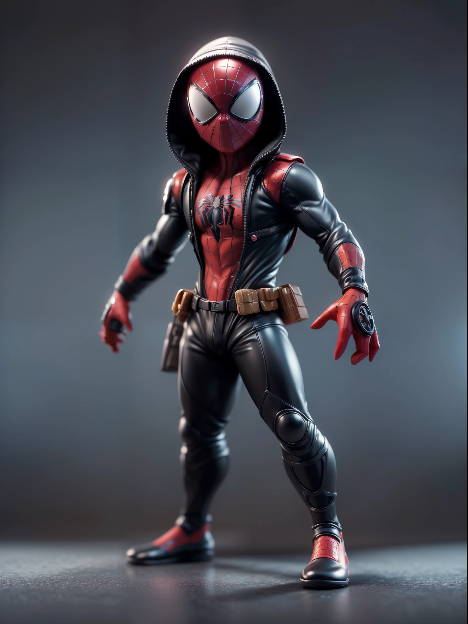 (Blind box toy style:1.3),((Full body shot)),(1 cute spiderman,solo)(((solo))),dreamy glow, plastic style, Clean black background, (circular base)( Global illumination, Ray tracing, hdr, unreal render,reasonable design, high detail, Masterpiece, Best quality, hyper HD, Cinematic lighting)