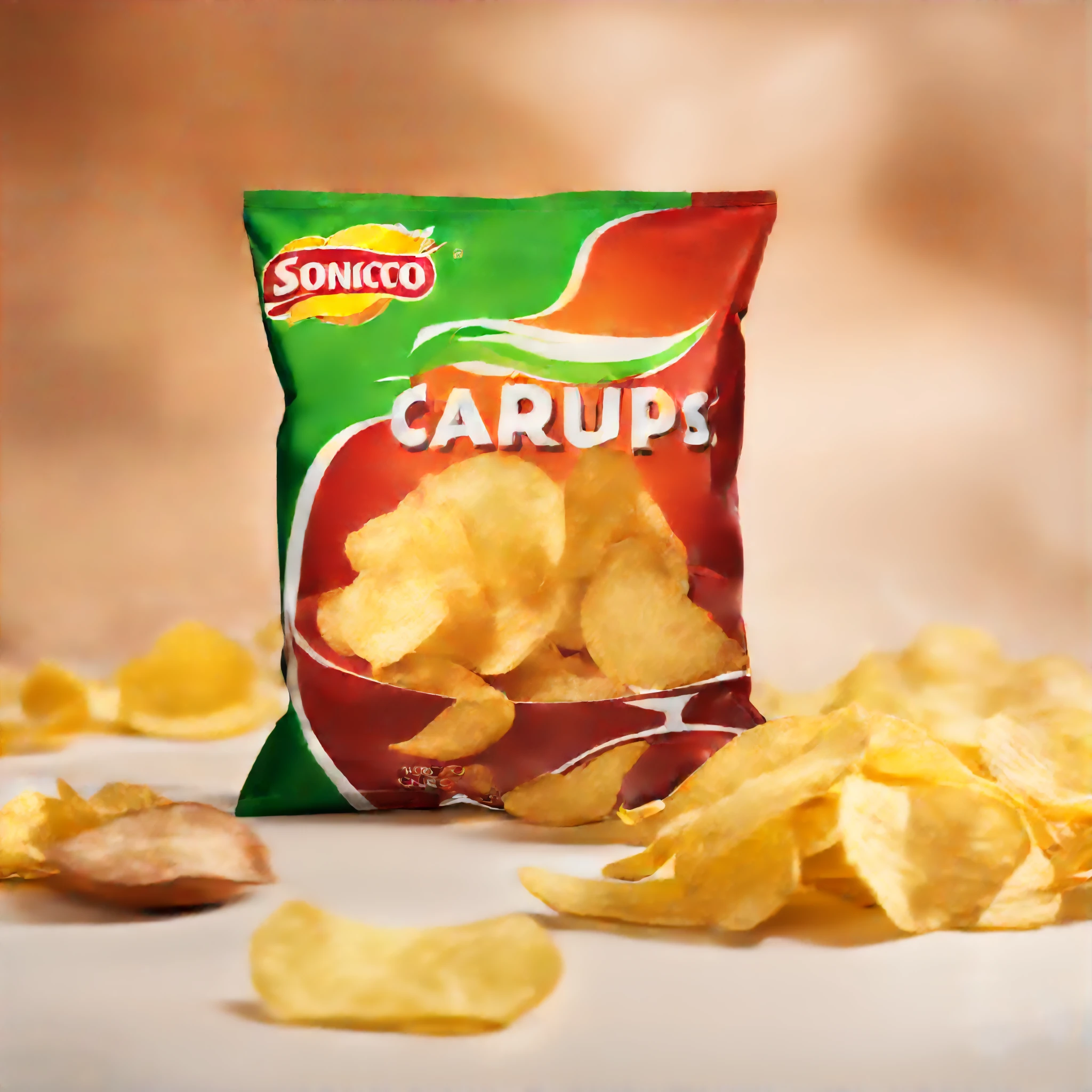 potato chips, can, sonoco brand, (Packaging Design: 1.3), Still Life, Blurry Background, Product Photography, (Simple Background: 1.2) --sdxl
