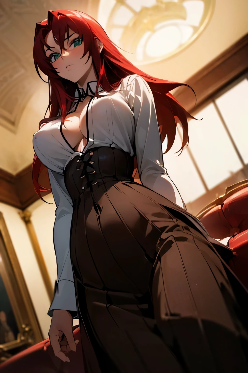 (Masterpiece:1.2, high quality:1.2), (solo:1.2), (1girl:1.2), (pixiv:1.4), (Rias gremory), indifferent, (stare:0.8), crimson red hair, wavy long hair, sharp bangs, crystal green eyes, (detailed eyes), double eyelids, black eyeshadow, long eyelashes, pale pink lips, symmetric face, (detailed face), neckline, collarbone, (beautiful round breats:1.3), voluptuous body, school uniform, unbuttoned shirt, pleated skirt, (pov from below), front view, slim waist, waistline, thighs, body curves, sitting on couch, dynamic lighting, classic wooden wall, (detailed face), ultra-detailed, intrinsic details, vivid colors, aesthetic indoors, castle, HD, 4k, (highres:1.5), professional photography, blurry background, sharp focus, ((detailed face)), highly focused face