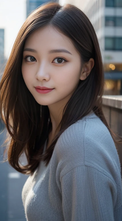 masutepiece, Best Quality, Illustration, Ultra-detailed, finely detail, hight resolution, 8K Wallpaper, Perfect dynamic composition, Beautiful detailed eyes, Winter dress,Medium Hair, Small breasts, Natural Color Lip, Random and sexy poses,Smile,Big city、28-year-old girl、Midnight、beautifull detailed face、Perfect and beautiful face,Big eyes
