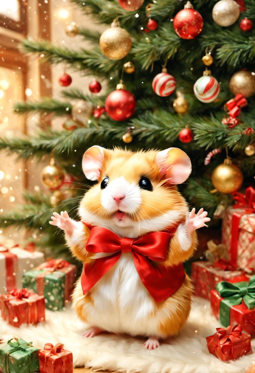 (Christmasパーティ会場:Christmas Decorations),inside in room,Christmas tree,ceiling decoration:Christmas,candy:Christmas,(hamster christmas party),(ダンシングhamster:party attire:dance:pulling the hands up:Opening Mouth:cute little:A delightful:Joy:glad),hamster達,masterpiece,top-quality,Fluffy hamsters,Christmas,A delightful,tre anatomically correct,The cutest hamster,colourfull,hamster,bow ribbon:red and green,kirakira,Star Ornament,fireplace,Fantasia,randolph caldecott style,illustratio,watercolor paiting,今日はA delightfulChristmasパーティです,最高に素敵なChristmas会場の飾りつけ