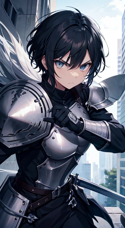 Male, black and white hair, wolfcut hair, cat eyes, using knight armor, city background, angry face, using sword and shield