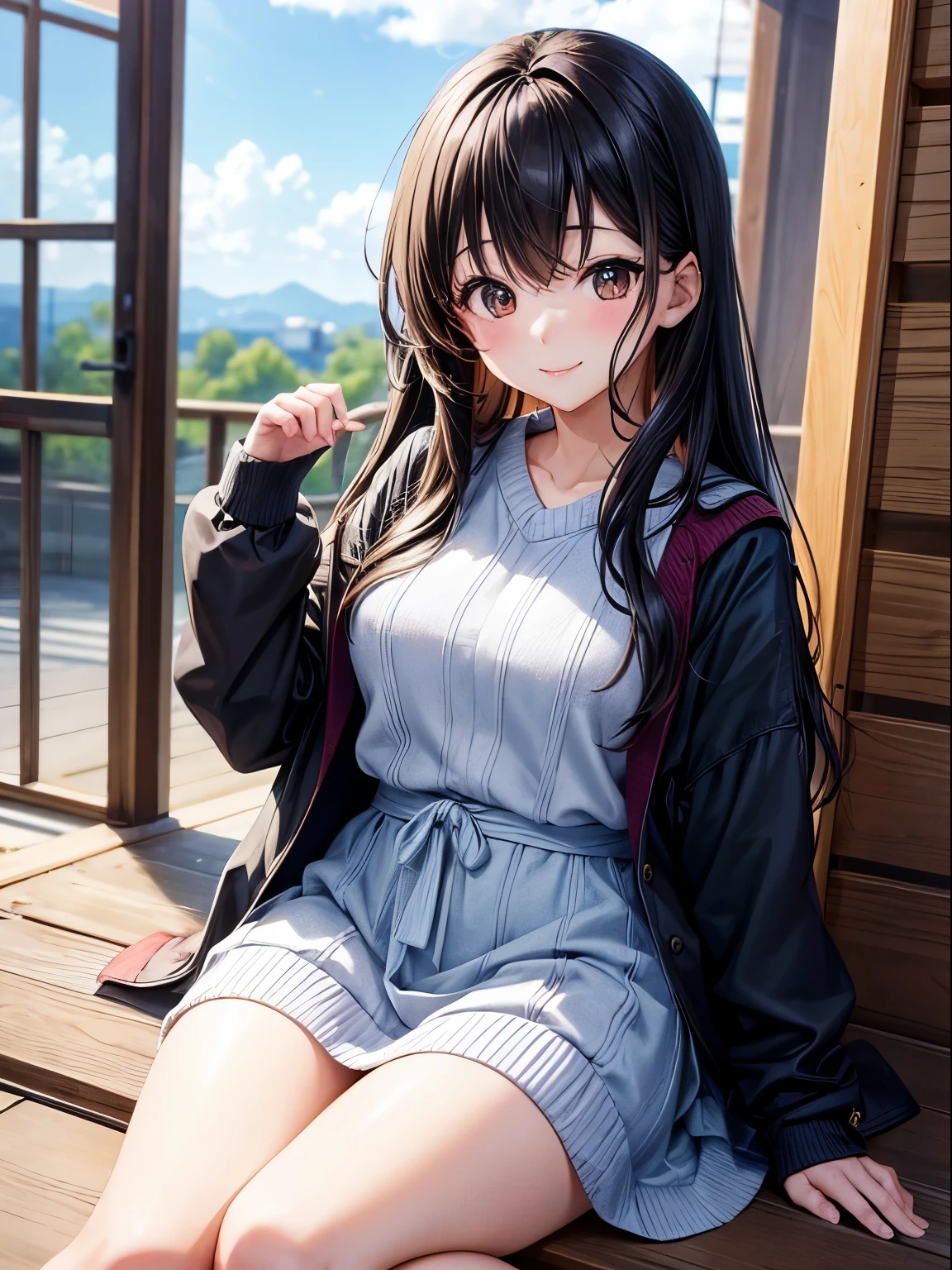 kawaii、girl with、Anime style、A dark-haired、jpn、stare、a smile、Wear less revealing clothing、unclear、high-level image quality、kawaii服装、knit