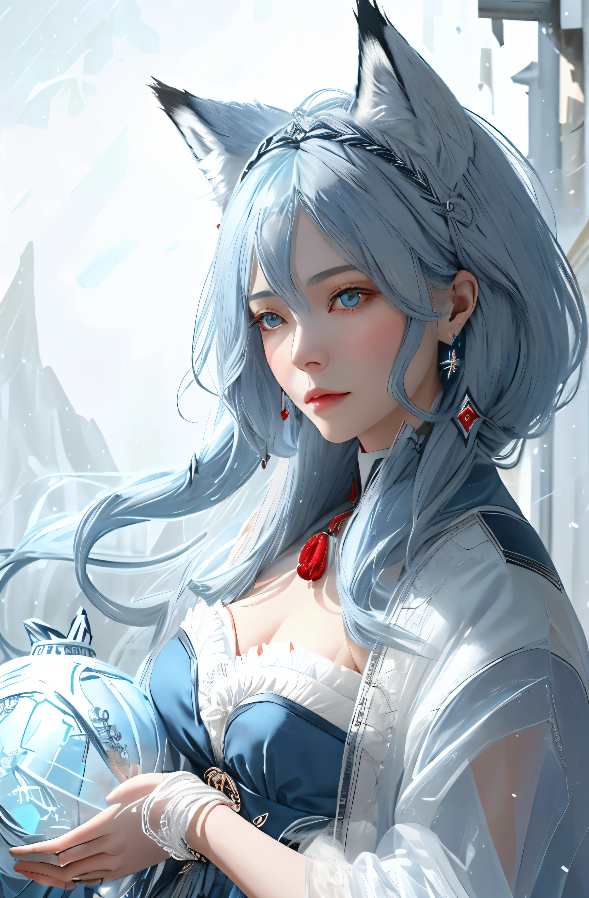 Mature woman with long hair,blue hairs,Hand holding red rope gourd,Wearing a long skirt with fox fur collar,The skirt is elegant and smart,fox ear,half closed eye,Blue eyes expressionless face, ctextured skin, three dimensional reality,,atmospheric distance sense,divinelight,movie light effect