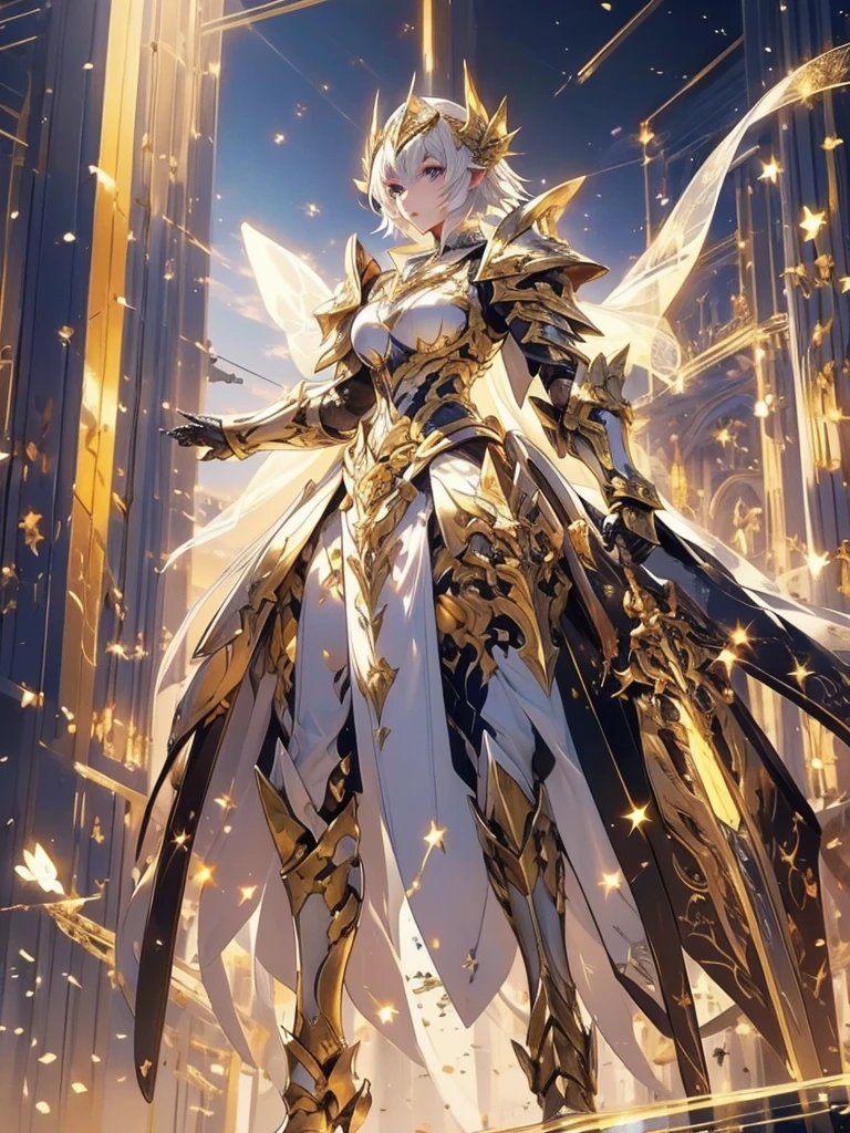 4k high quality wallpaper. Full character view. A female elf knight with short white hair and pale skin. Her eyes are glowing golden. She is wearing form fitting armor that is covered in silver, gold and starlight and a white cape and veil. She wears a short battle skirt and armored boots. Around her neck is a butterfly pendant that has a warm golden glow.