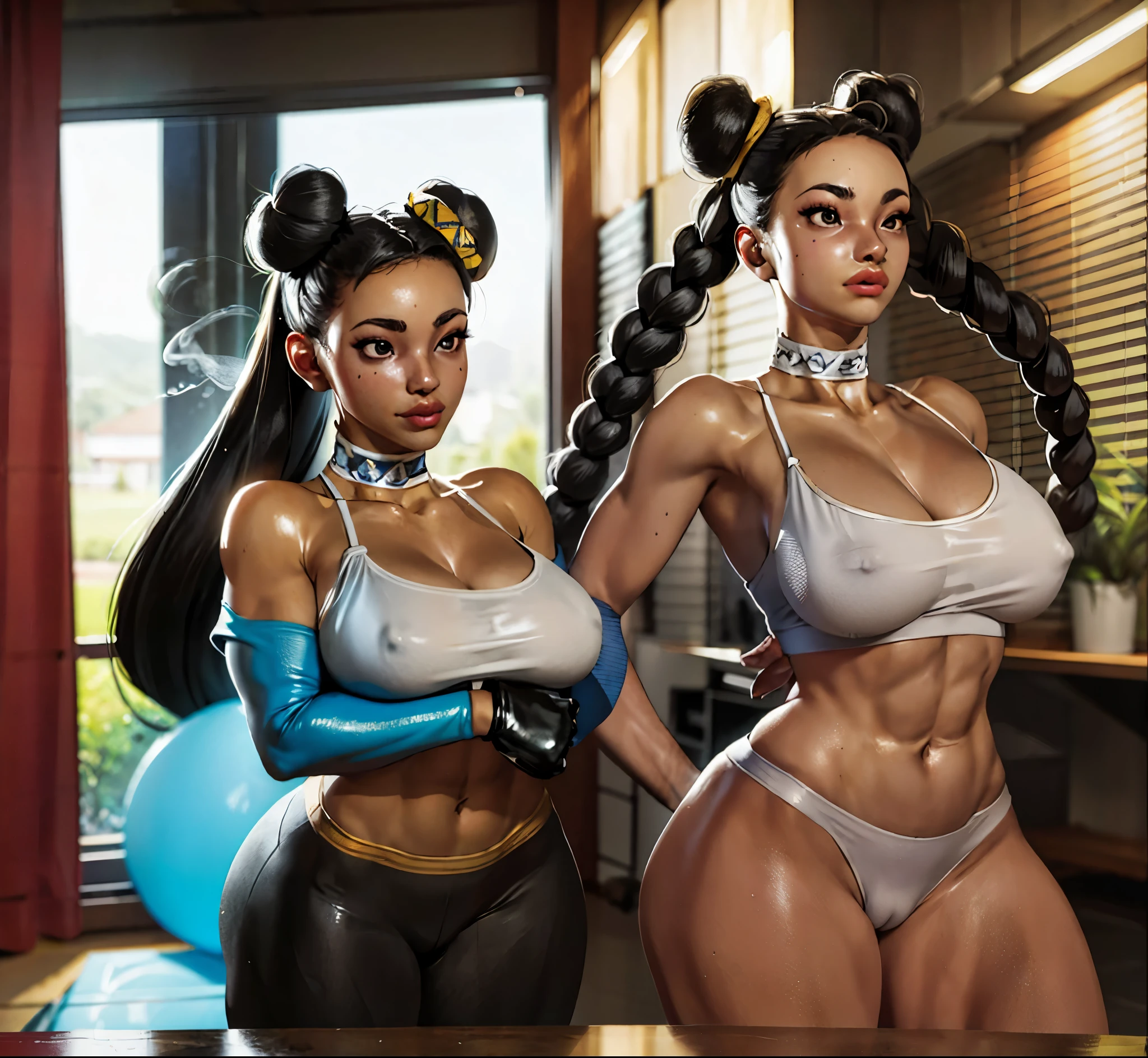aestheticc-meme street_fighter street_fighter_6 (chun-li:1) & (kimberly_jackson:1) absurdres highres ((2girls:1.4)) curvy_muscular abs alternate_breast_size aqua_hair arms_behind_back black_choker black_hair black_sports_bra bow_hairband bracelet breast_envy breast_expansion breasts brown_eyes brown_hair brown_lips choker colored_tips crop_top dark-skinned_female dark_skin double_bun hair_bun hairband hands_on_own_hips hip_vent huge_breasts jewelry large_breasts long_hair medium_support_(meme) meme midriff multicolored_hair multiple_girls muscular muscular_female navel no_panties pants quad_braids smile smoke sports_bra thick_thighs thighs transformation underboob undersized_clothes very_dark_skin yoga_pants