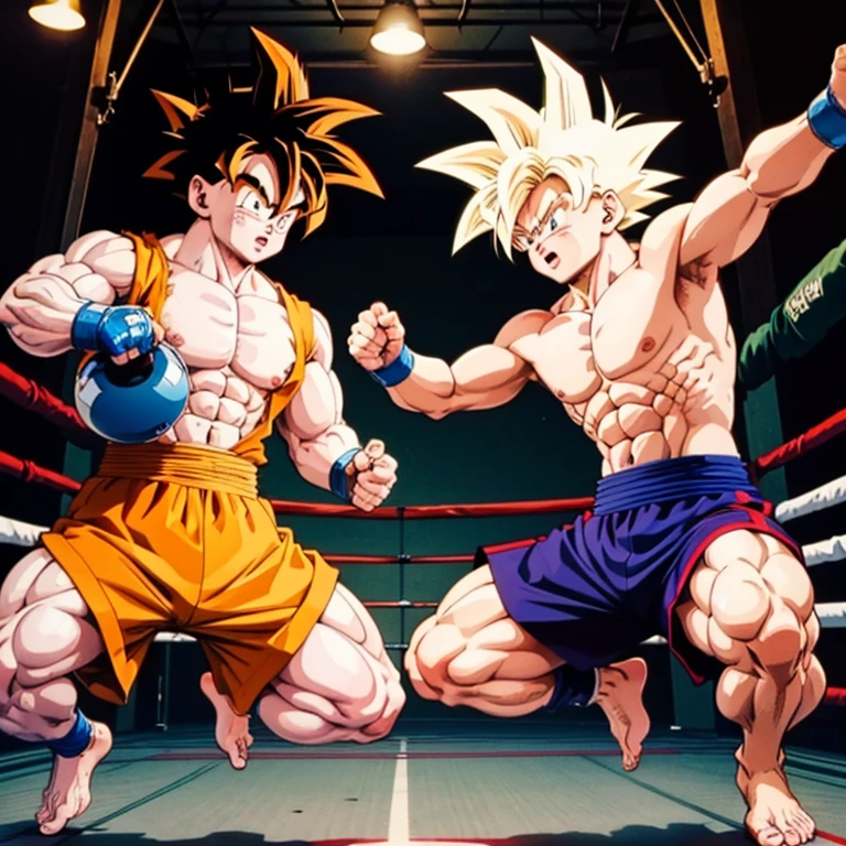 (Eine detaillierte Zeichnung von Son Goku, bodybuilding gym.), shirtless, barefoot, mma, boxing