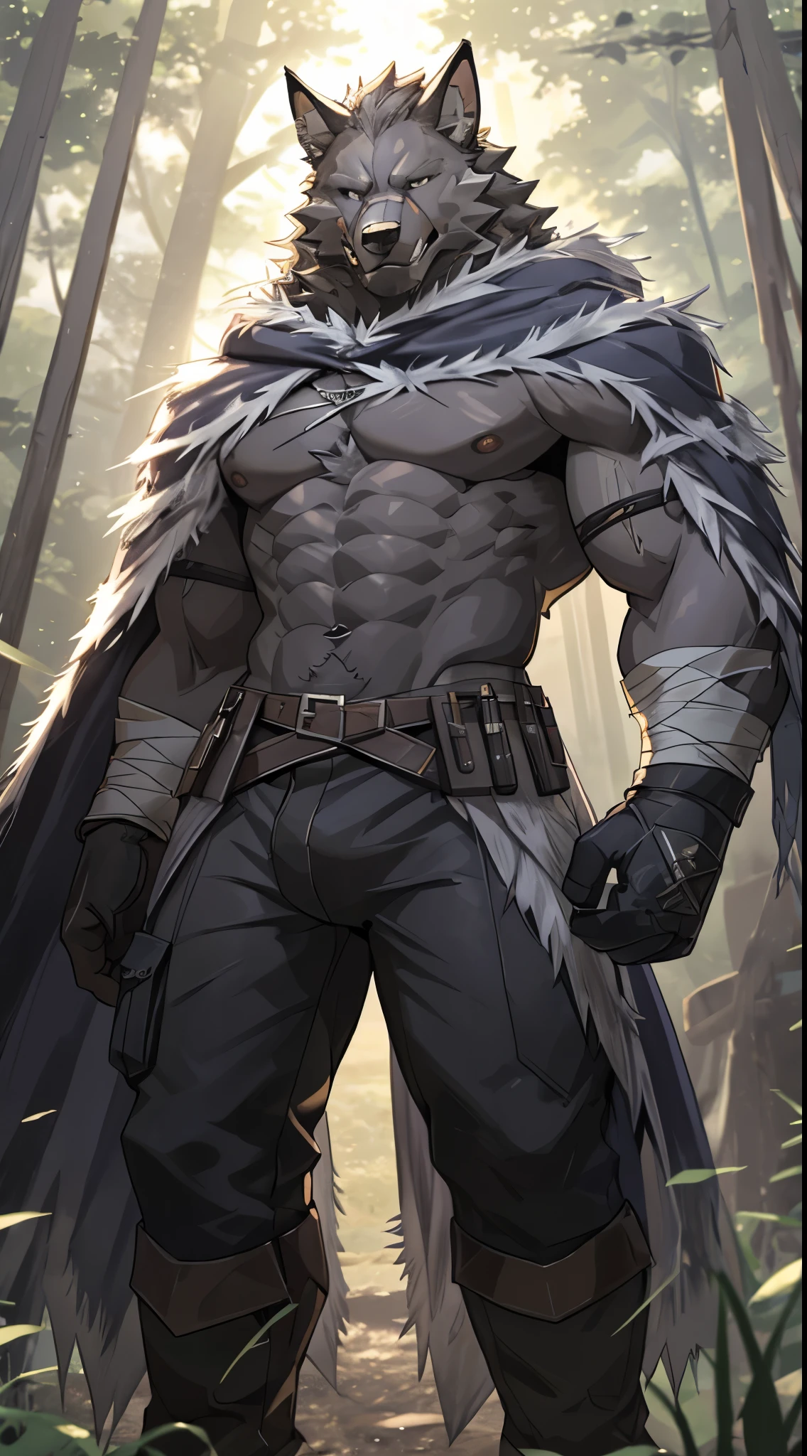 adult content, low-key light, cyberpunk, extremely_detailed, drawing of a blaidd (elden_ring), (extremely detailed:1blaidd, anthro_wolf, blaidd_(elden_ring)), black_cargo pants, bara, tail, very long legs, long arms, very tall, muscular_body, 6 pack abs, male nipples, exposed_chest, tactical_gloves, black_cloak, large chest, exposed upper body, shirtless, dogtags, bandages, seductive_pose, smirked_face, hands_inside_pocket, wide_open_legs, warm atmosphere, volumetric light, camera angled lower, time, light_streaks, forest, midjourney, C7b3rp0nkStyle, VPL, Male focus, yofukashi background., Best quality, masterpiece