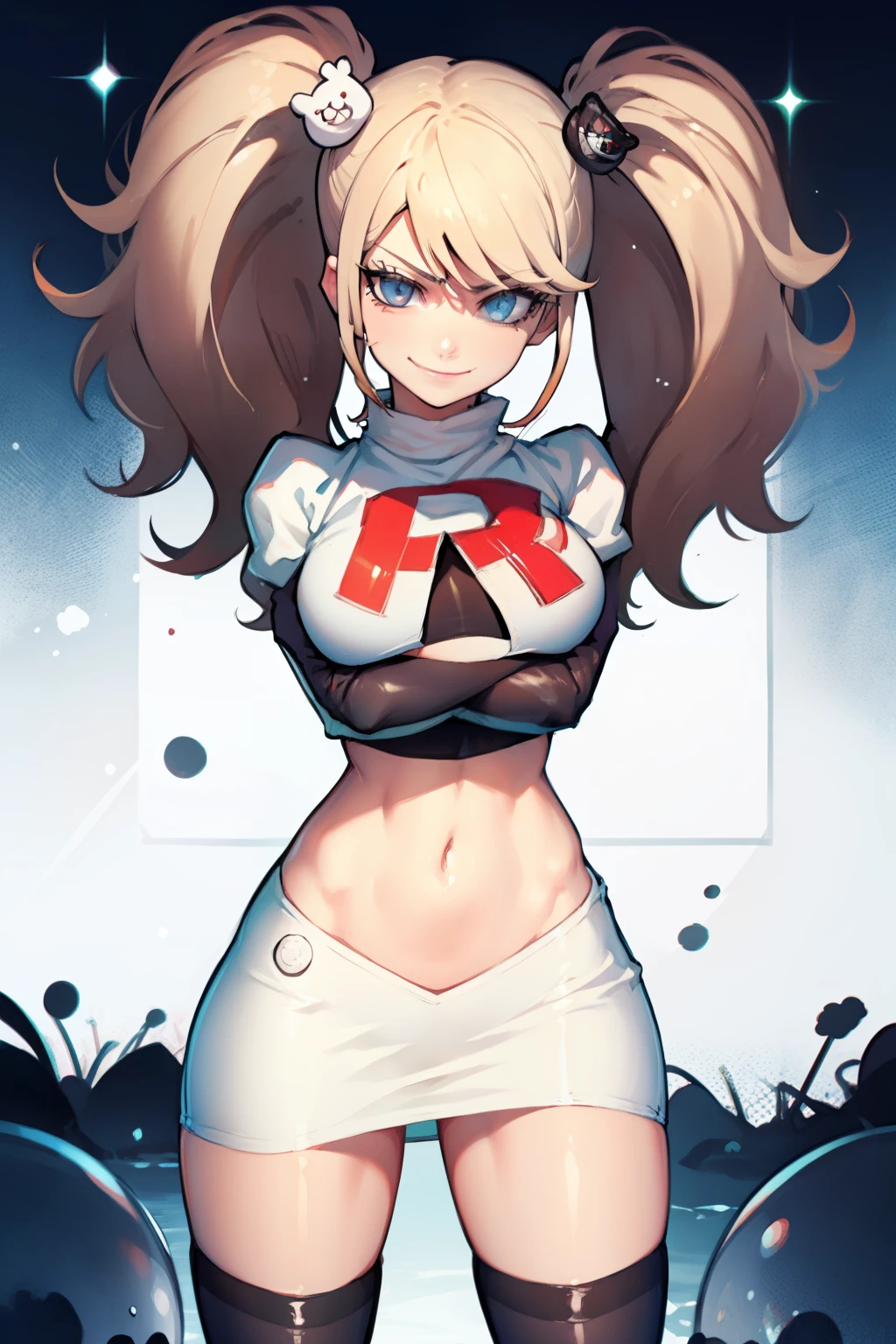 junko enoshima, glossy lips ,team rocket,team rocket uniform, red letter R, white skirt,white crop top,black thigh-high boots, black elbow gloves , looking at viewer, evil smile, arms crossed