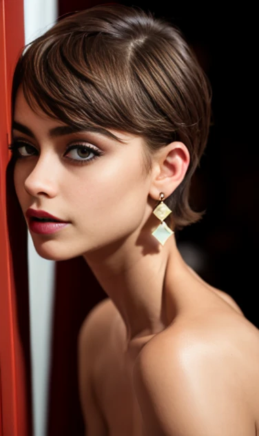 Photo of a 15-year-old European girl, .RAW, beautiful woman,pecas en mejillas y pecho ,hermosos ojos azules(Light brown hair pixie haircut),corte de cabello pixie desalineado ((retrato)), ((Cara detallada:1.2)), ((Detailed facial features)), (Piel finamente detallada) ,lindo maquillaje, Purple eyeshadows on eyelids ,Un sexy(cool color), (Masutepiece) (proporciones perfectaotos realistas)(La mejor calidad), NffSW, (8k) (papel tapiz) (cinematic lighting) (Dramatic lighting) (foco nítido) (Enrevesado) , fondo variado , linda sonrisa, foto de cuerpo completo , posando para foto , gargantilla negra , aretes de clip , maquillaje , labios rojos , sombra de ojos morada , hermosa desnudes , desnuda , showing , alegre