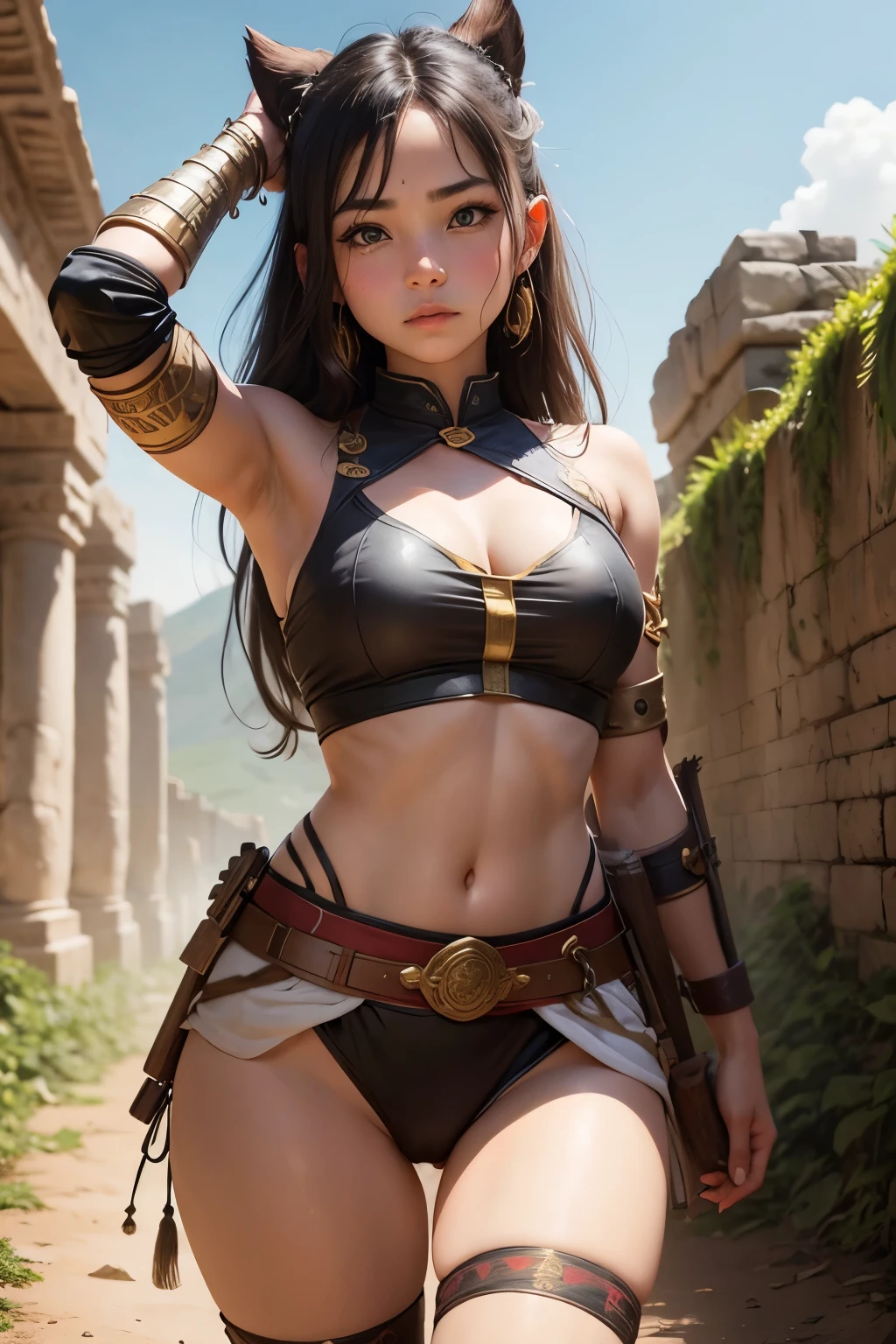 (Intricate, rendering by octane, Highly detailed, 8K, hyper HD, High quality, professional, illusory engine, 1 girl,((scantily clad)),Wide hips,Open your legs，Abdomen up，Lie on your back on the ground，raised hips，Cinematic light,Black lace，arm armor，in the desert