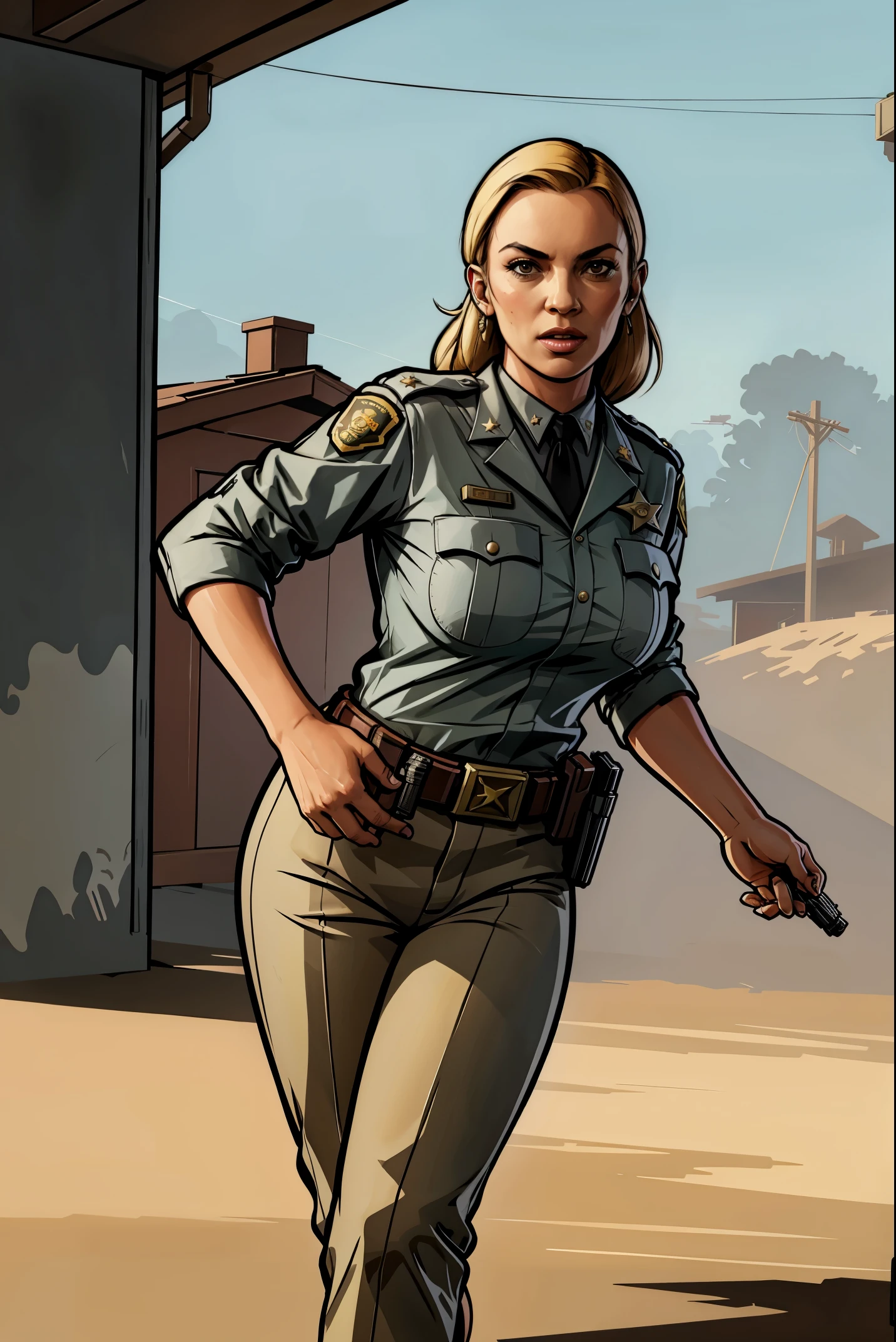 A 4k picture of a busty female sheriff in a countryside, running and holding a pistol, hard color shading, warm tone, 2D gta artstyle, masterpiece, best quality