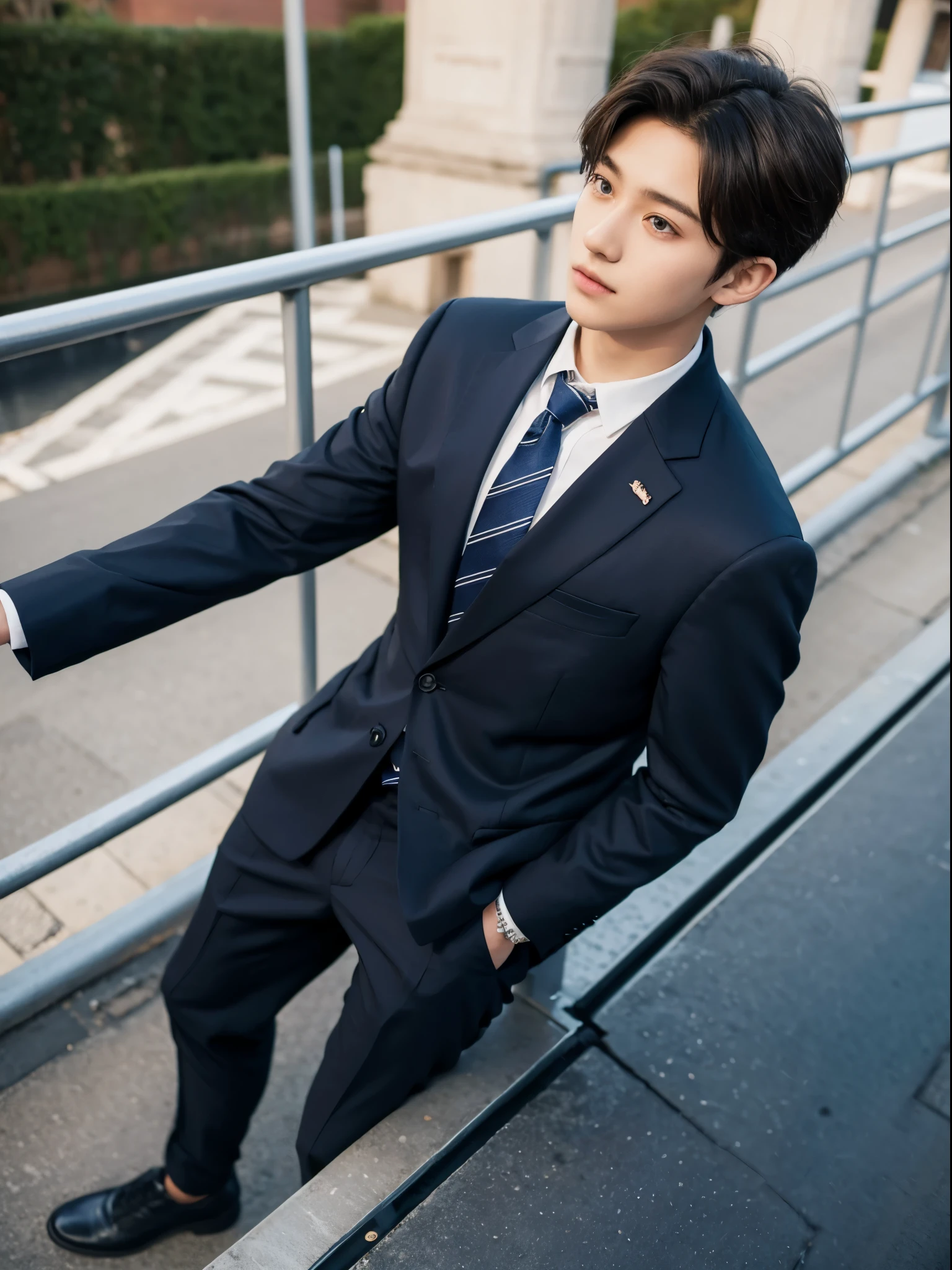 boy, 17 y.o, suit, tie, bridge