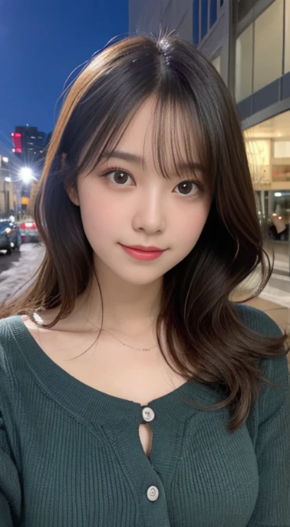masutepiece, Best Quality, Illustration, Ultra-detailed, finely detail, hight resolution, 8K Wallpaper, Perfect dynamic composition, Beautiful detailed eyes, Winter dress,Medium Hair, Small breasts, Natural Color Lip, Random and sexy poses,Smile,Big city、A 24-year-old girl、Midnight、beautifull detailed face、Perfect and beautiful face,Big eyes、Tehepero