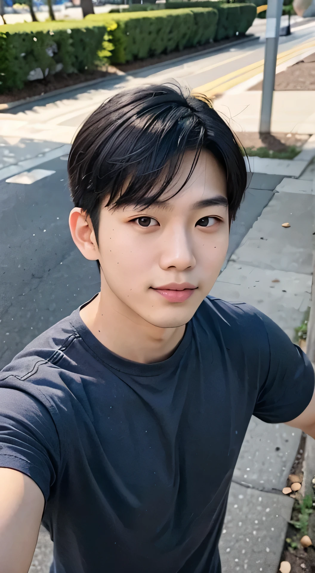 20 year old handsome asian man selfie, Above the chest, Park background