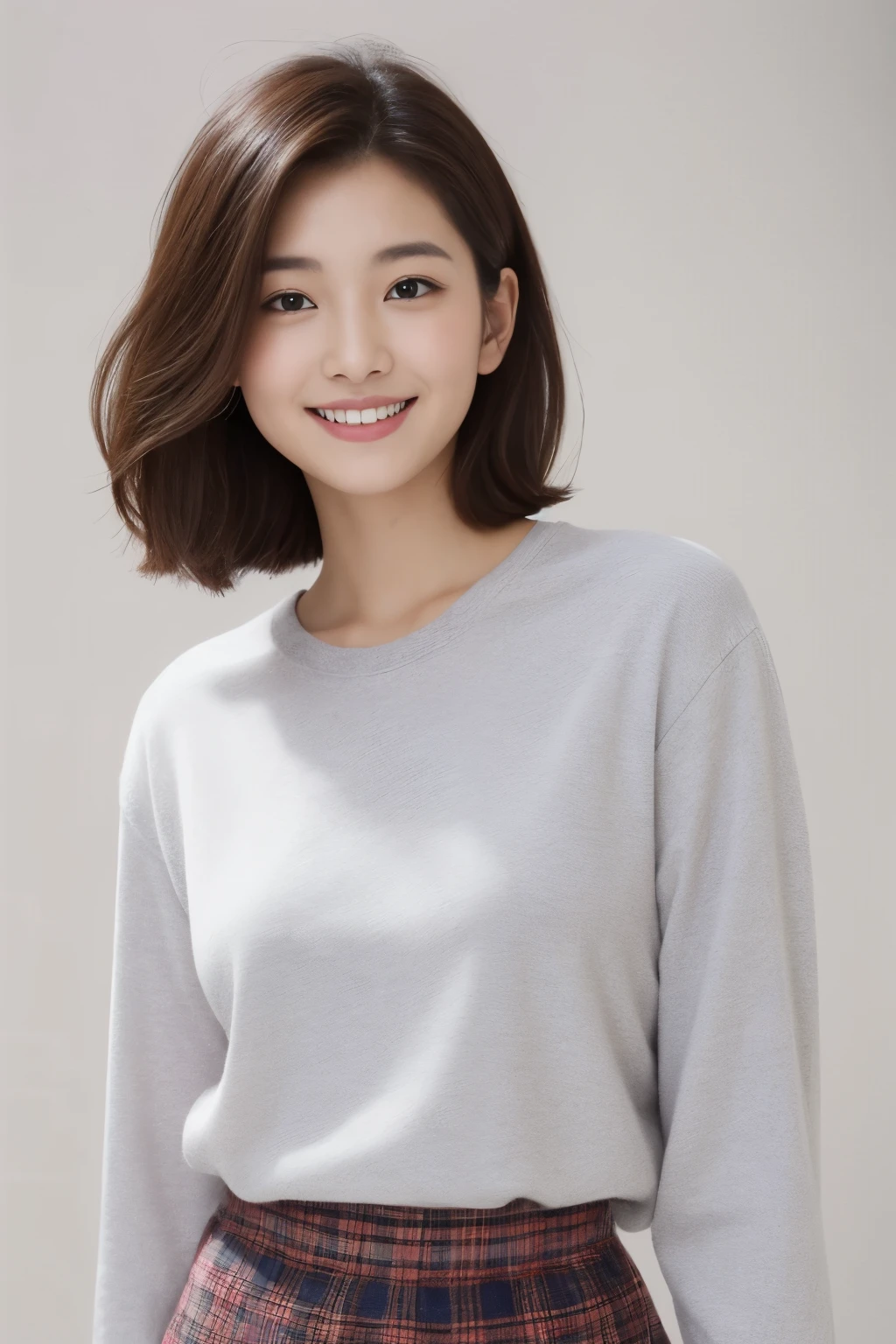 masterpiece、一人のBeautuful Women、A detailed face、A detailed eye、Detailed skin、top-quality、japanes、Always face straight ahead、White background,、26 year old、Wearing a plain gray long-sleeved T-shirt、Smile、short-cut、Brown, fluffy hair, Soft light, Beautuful Women、bright expression、(is standing)、(from the front side)、Smaller chest、(Upper body facing forward),Wearing a long plaid skirt,
