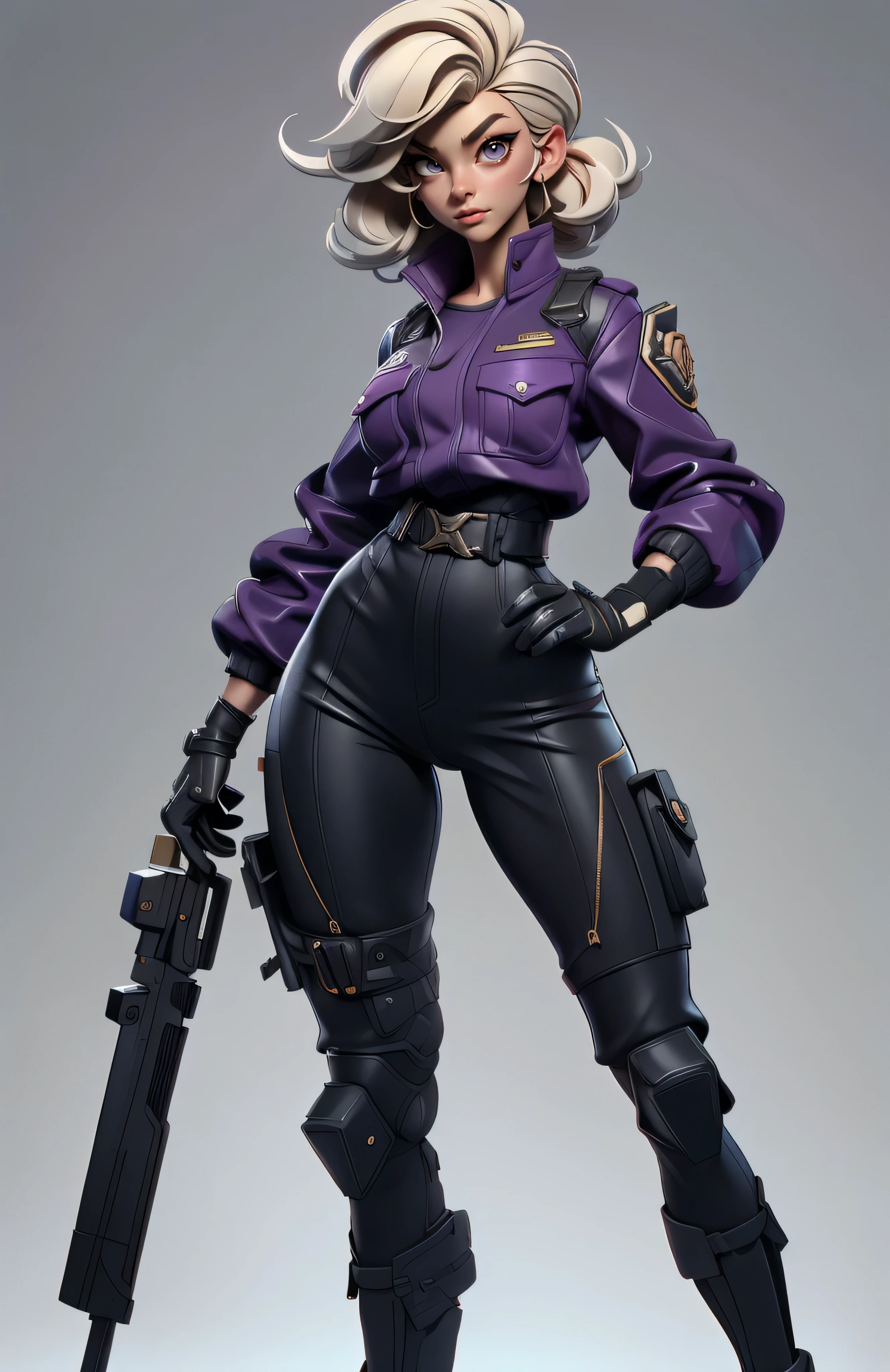 11:23(((Best quality at best: 1.4))),(无与伦比的tmasterpiece), (hyper HD),(Hyper-realistic 8k CG)、(White hair),(Short hair details),(Look up),(Put your hands on your waist), ((( body))), (((1 girl in))), 25-year-old American soldier with perfect body,,Beautiful and well-groomed face,muscular body:1.2,Solid dark purple jacket with details, (Pictures from head to thighs), Complex equipment, long trousers,The clothes inside are dark, ),Gorgeous and fearless female warrior, fit and muscular body, military shirt, bshoulders, dark gold hair, tattooed arms, Full detail on the face, high detal, actual, Photoquality, high high quality, (photoactual:1.4), The content is very detailed, tmasterpiece, high high quality阴影,