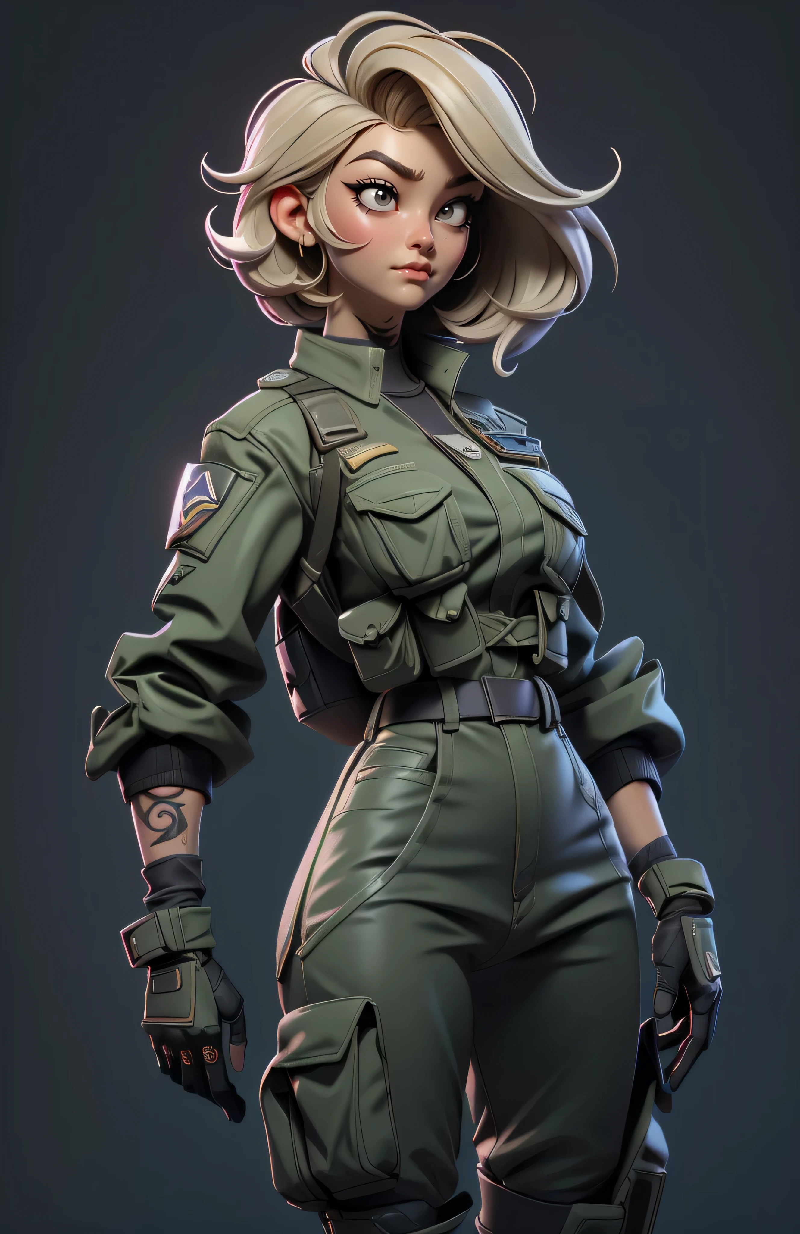 11:23(((Best quality at best: 1.4))),(无与伦比的tmasterpiece), (hyper HD),(Hyper-realistic 8k CG)、(White hair),(Short hair details),(Look up),(Put your hands on your waist), ((( body))), (((1 girl in))), 25-year-old American soldier with perfect body,,Beautiful and well-groomed face,muscular body:1.2,Solid dark purple jacket with details, (Pictures from head to thighs), Complex equipment, long trousers,The clothes inside are dark, ),Gorgeous and fearless female warrior, fit and muscular body, military shirt, bshoulders, dark gold hair, tattooed arms, Full detail on the face, high detal, actual, Photoquality, high high quality, (photoactual:1.4), The content is very detailed, tmasterpiece, high high quality阴影,