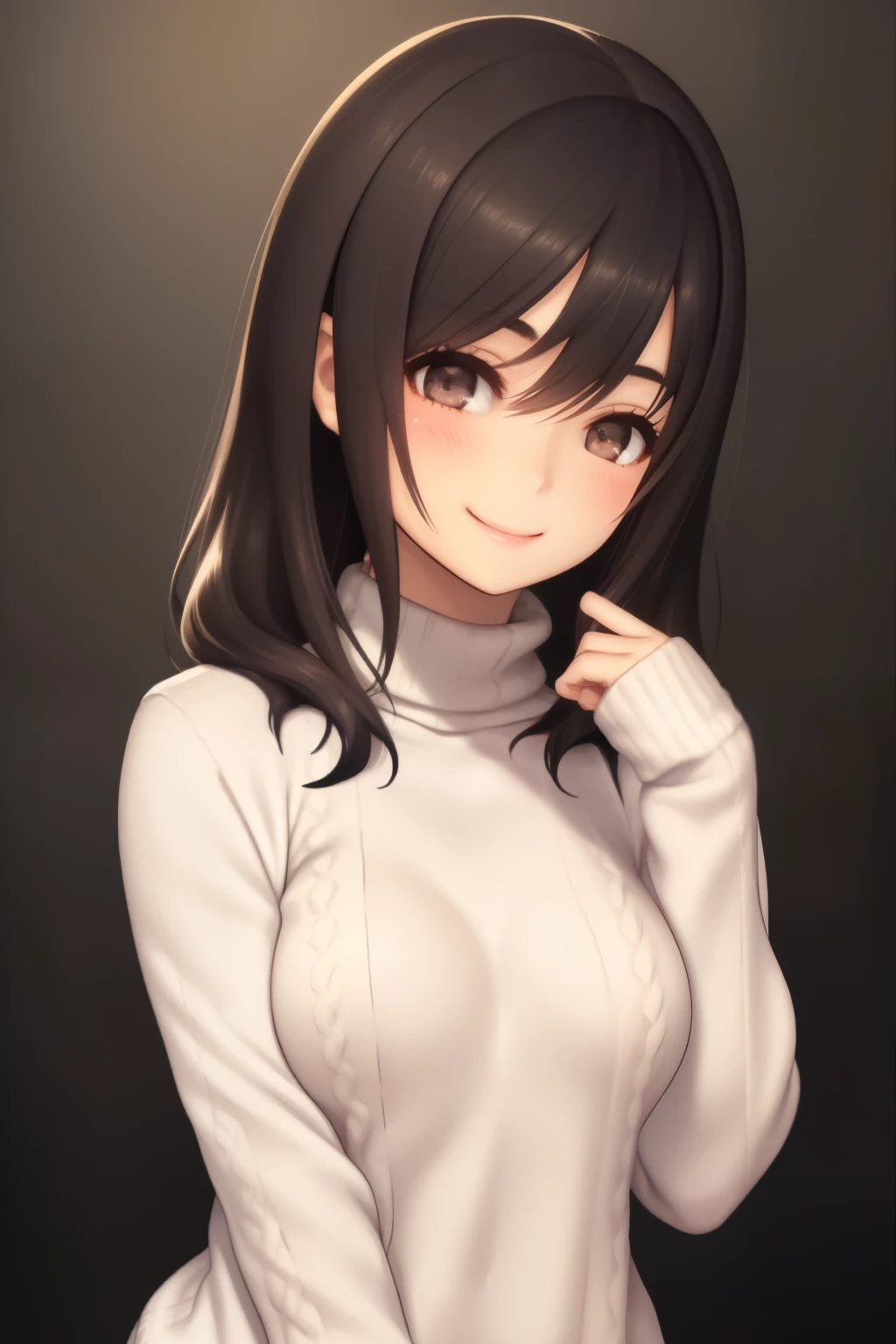 Upper body, Solo, 1girl in, Looking Ahead, Smile, blush, medium breasts, knitted sweater、A dark-haired、Long