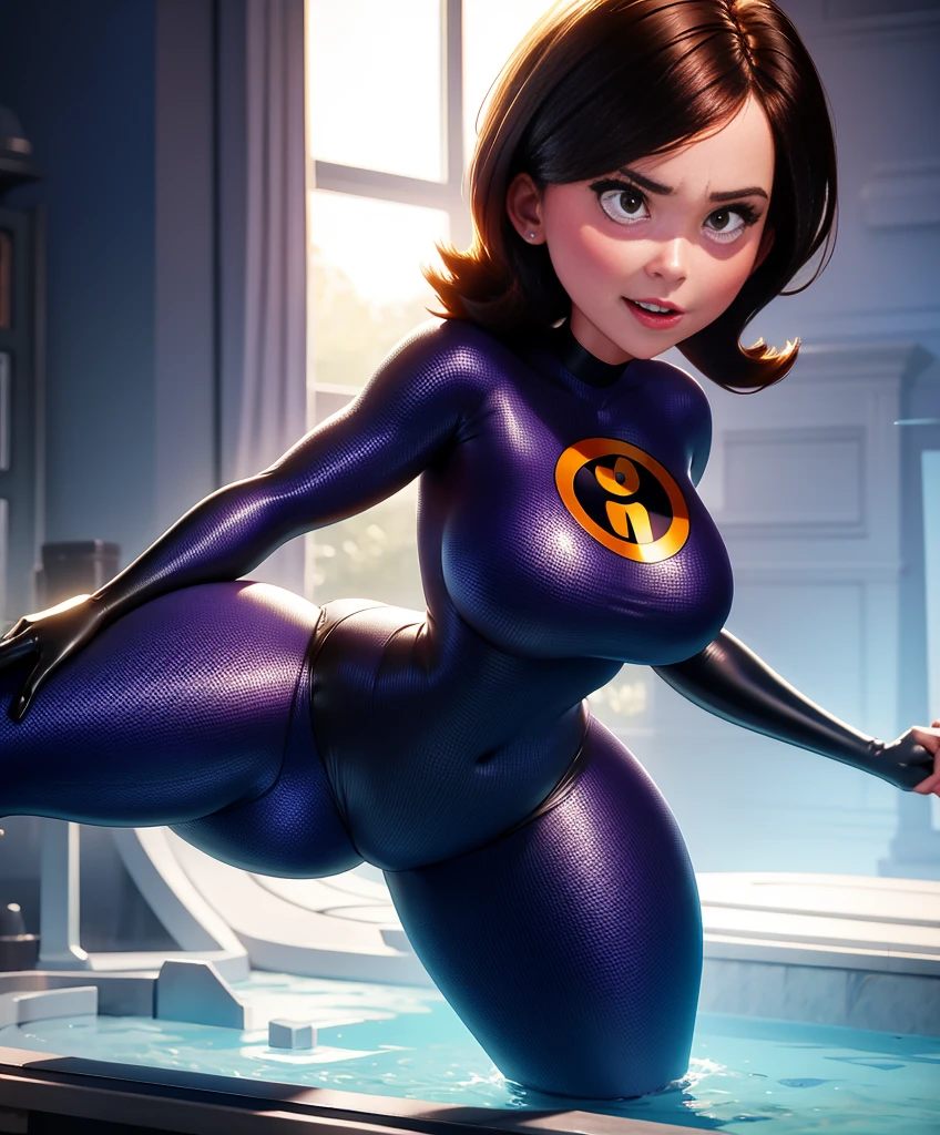 (best quality, 4k, highres, ultra-detailed, masterpiece:1.2), realistic, vivid colors, professional, HDR, studio lighting, ultra-fine painting, sharp focus, physically-based rendering, extreme detail description,  portrait,  Helen Parr, skintight supersuit, choker,  semi-nude, voluptuous curves, seductive gaze, alluring pose, flawless skin, captivating beauty