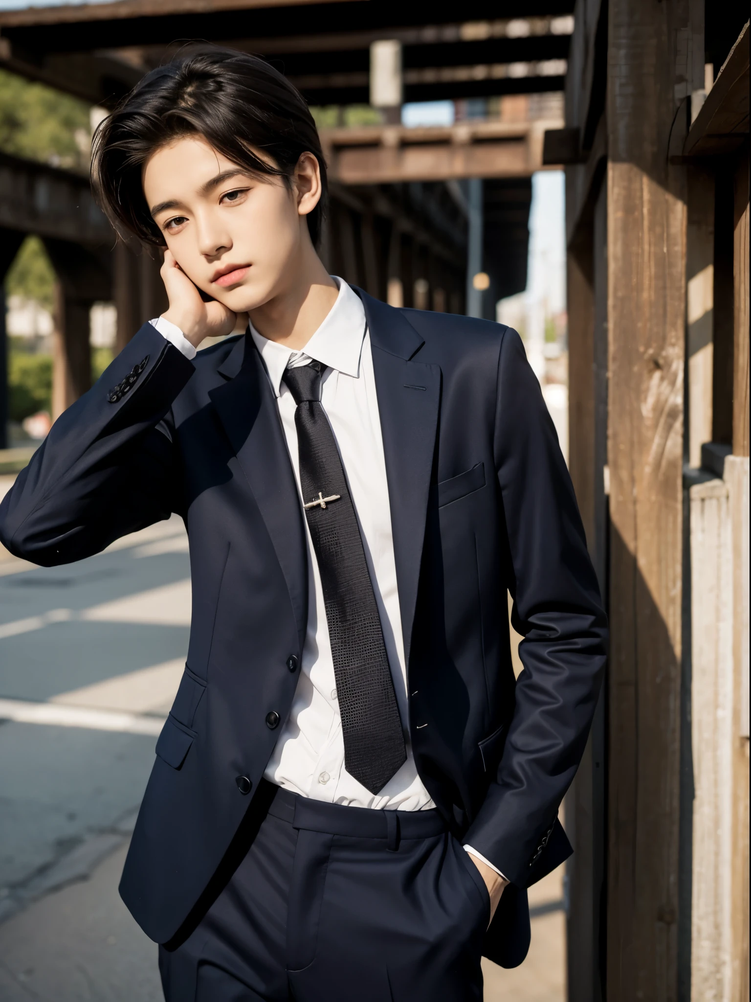 boy, 17 y.o, suit, tie, bridge