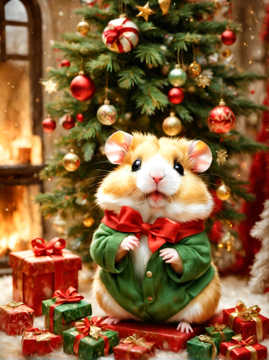 (Christmasパーティ会場:Christmas Decorations),inside in room,Christmas tree,ceiling decoration:Christmas,candy:Christmas,(hamster christmas party),(ダンシングhamster:party attire:dance:pulling the hands up:Opening Mouth:cute little:A delightful:Joy:glad),hamster達,masterpiece,top-quality,Fluffy hamsters,Christmas,A delightful,tre anatomically correct,The cutest hamster,colourfull,hamster,bow ribbon:red and green,kirakira,Star Ornament,fireplace,Fantasia,randolph caldecott style,illustratio,watercolor paiting,今日はA delightfulChristmasパーティです,最高に素敵なChristmas会場の飾りつけ