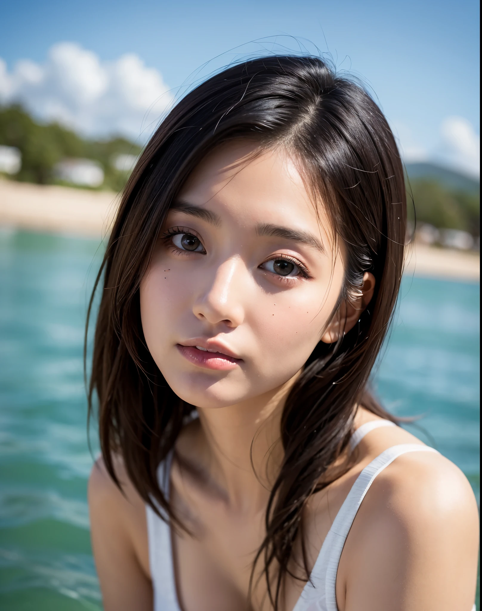 Extremely realistic,The most beautiful woman here,sea beach,4086kbit,extreme hight detail,True skin texture,Yua Mikami,,Yui Aragaki,Mitami Hamabe