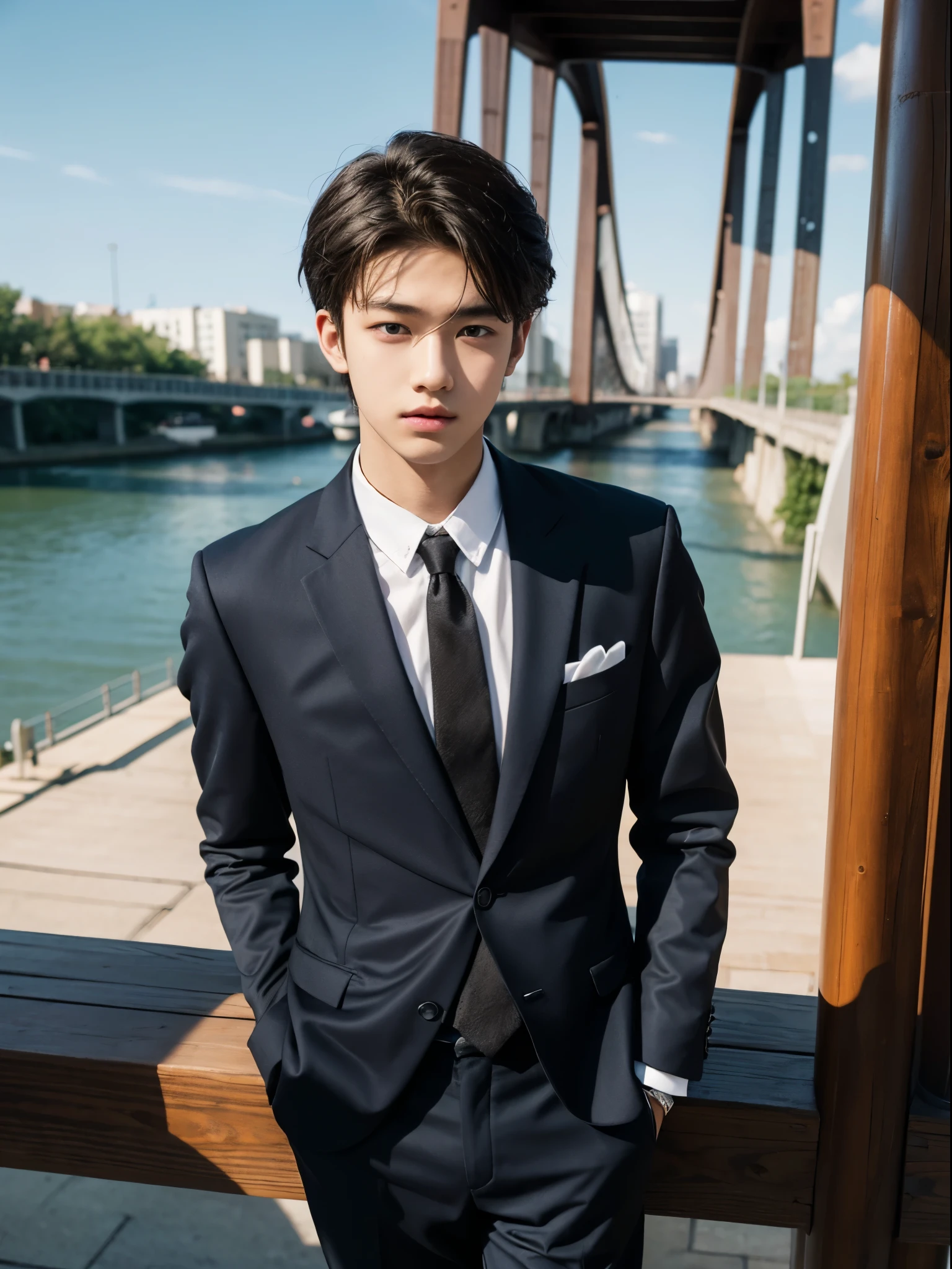boy, 17 y.o, suit, tie, bridge