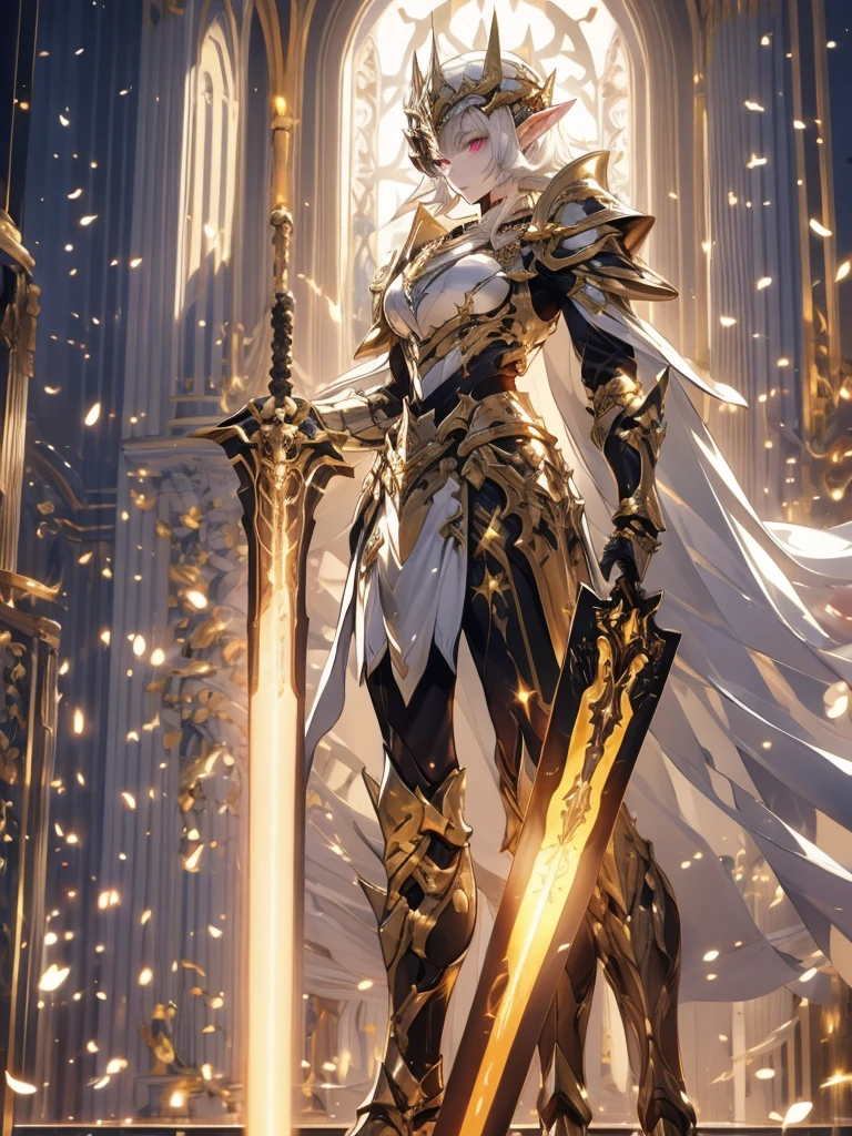 4k high quality wallpaper. Full character view. 1Woman. Elf Knight. Short white hair. pale skin. Glowing golden eyes. Golden and silver armor that is covered in Starlight. White cape and veil.