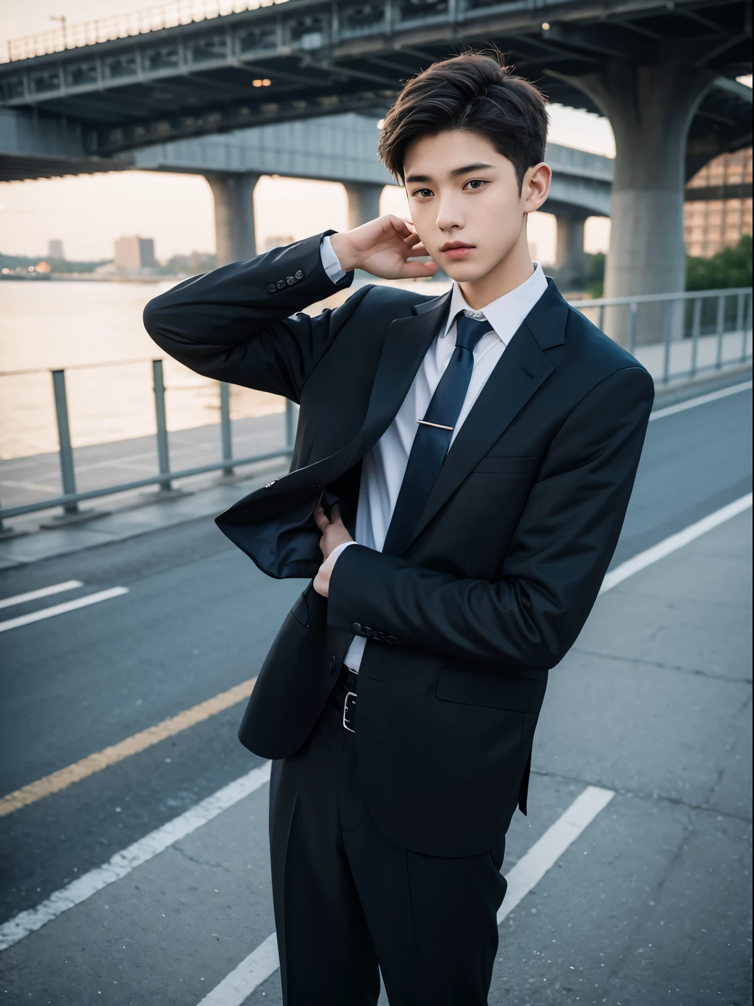 Handsome man in a sweatshirt,Street photography,Business suit,individuality。SLR camera,8K,depth of fields。