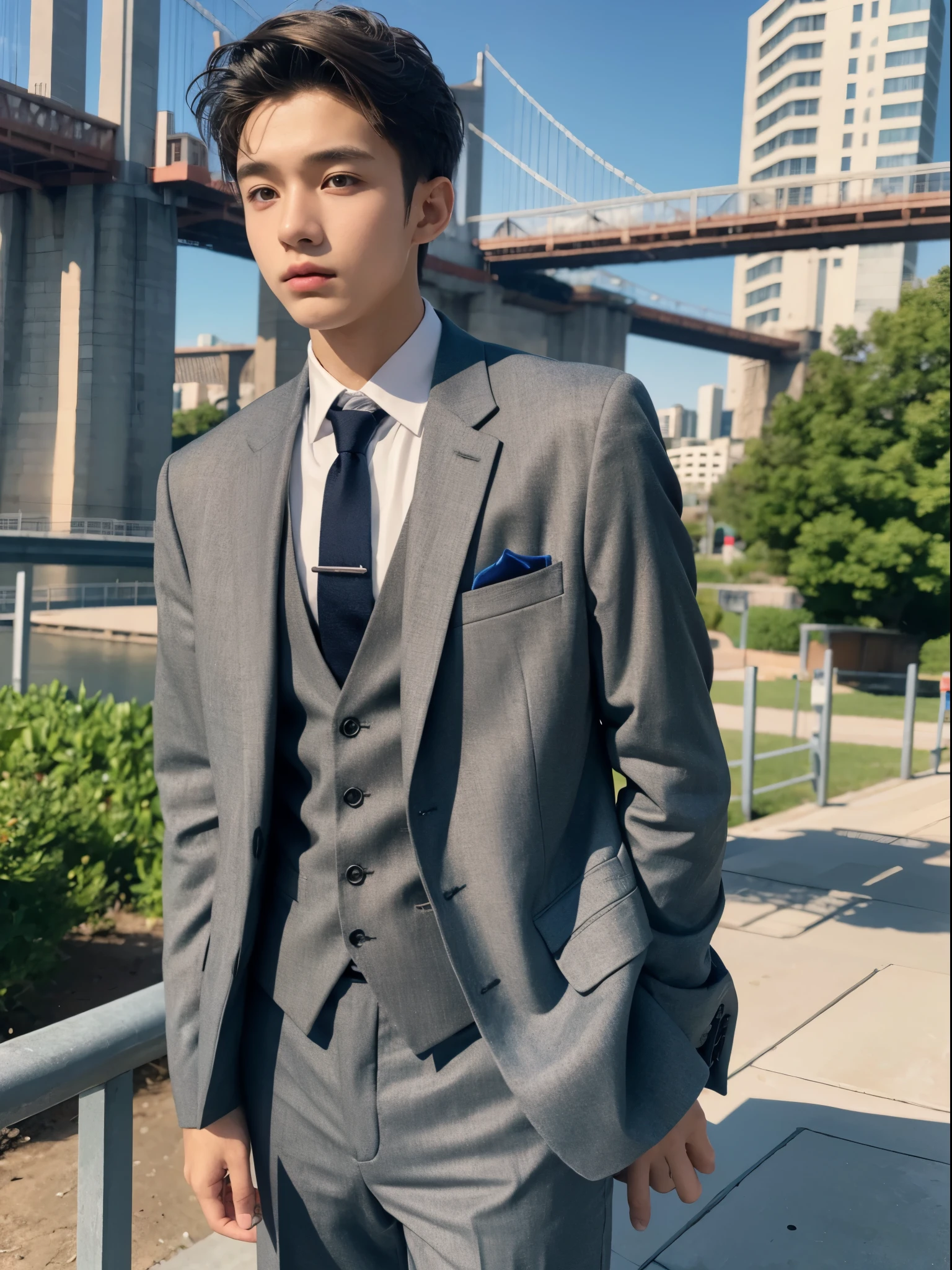 boy, 17 y.o, suit, tie, bridge