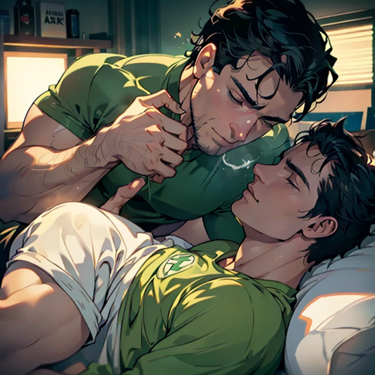 3 hombres, cuerpo completo, vello facial rapado, Green Lantern and superman drunk,  asleep and masturbated d by another small nerd gay guy on the bed, bulto grande, enorme_, mostrando pectorales y abdominales completos, mostrando, wet dreams, Great erection, bulto grande, besos, gay pornographic