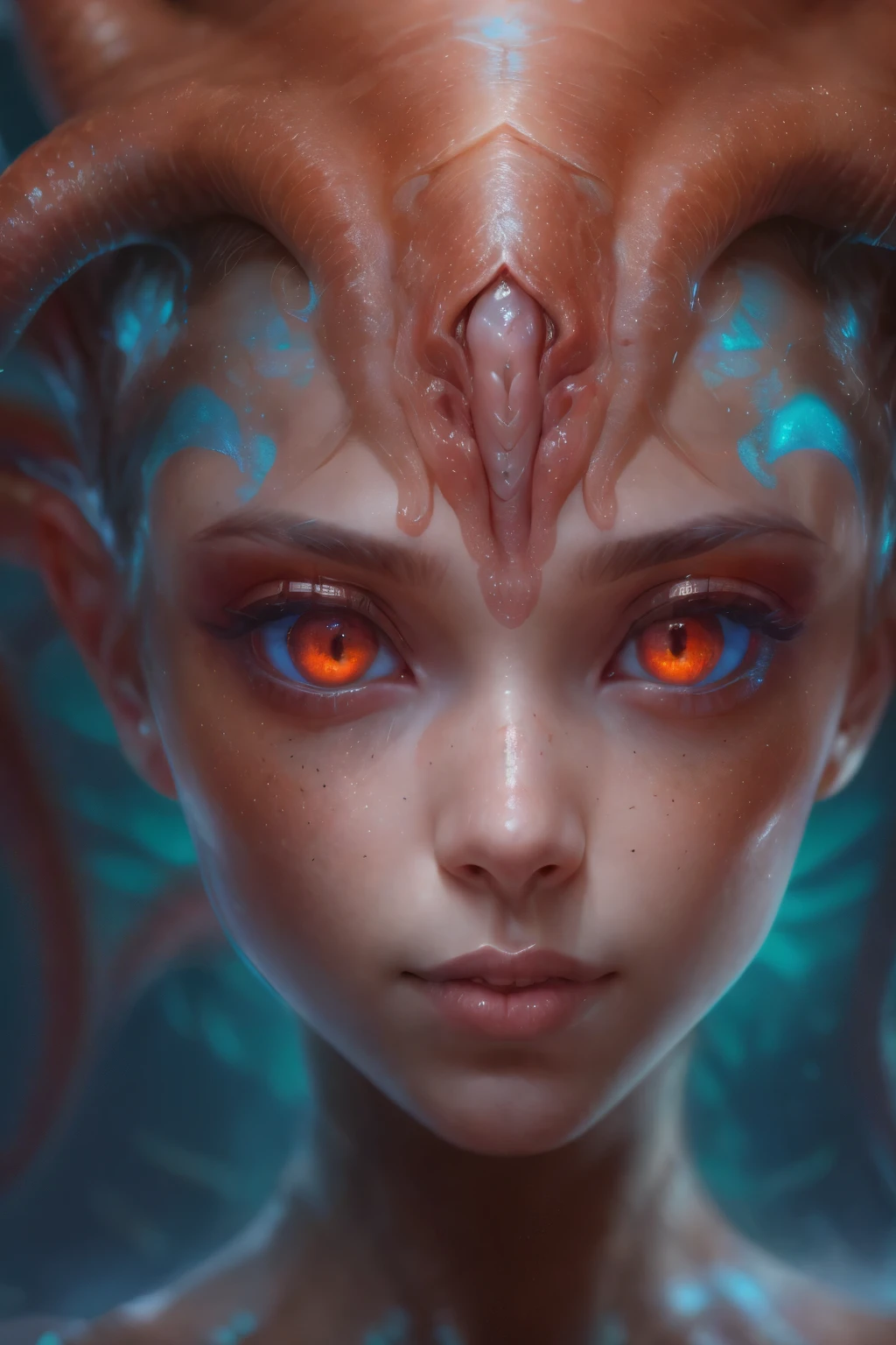 Portrait, (beautiful female alien:1.2),  (There is a female genital-like organ in the middle of the forehead.:1.8), (The most beautiful face in the history of the universe:1.2), (Scarlet eyes that shine mysteriously:1.6), (Translucent skin:1.8), an evil gaze that seduces, (red eyes:1.5), (large mouth:1.1), sharp teeth like a shark, Full body like, (bio luminescent:1.2), (Smile wickedly:1.3),  (sexypose:1.5), alien, No humans, cells are fused, (Lots of translucent tentacles:1.1) (Translucent skin:1.3), extraterrestrial, cell, bio image, Best Quality, 8K,4K_quality, High Definition, Dramatic Lighting, masutepiece:1.5,cinematic quality, detail up, (Intricate details:1.2), High resolution, High Definition, drawing faithfully, (Thick eyebrows:1.2), Beautiful eyes with fine symmetry, (Ultra detailed eyes:1.2),(Highly detailed face and eyes:1.2), (High-resolution red-eye:1.4), Intimate face, (Super detailed skin quality feeling:1.4), Perfect Anatomy,  (Beautiful toned body:1.5),  (Moist skin:1.2), No makeup, (dark circles:1.1), long canines, cinematic drawing of characters, ultra high quality model, cinematic quality, detail up, (Intricate details:1.2), High resolution, High Definition, drawing faithfully, Official art, Unity 8K wall  , 8K Portrait, Best Quality, Very High resolution, ultra detailed artistic photography, midnight aura,  unreal enginee 5, Ultra Sharp Focus, art by alberto seveso, ArtGerm, Roisch, intricate artwork, best quality, masutepiece, ultra High resolution, (photos realistic:1.4), Ultra-realistic realism, dream-like,  nautilus, Creation of fantasy, Snail, Dream Snail,  biopunk nautilus, Thrilling color schemes， Ultra-realistic realism， seductively smiling, Blue tentacles