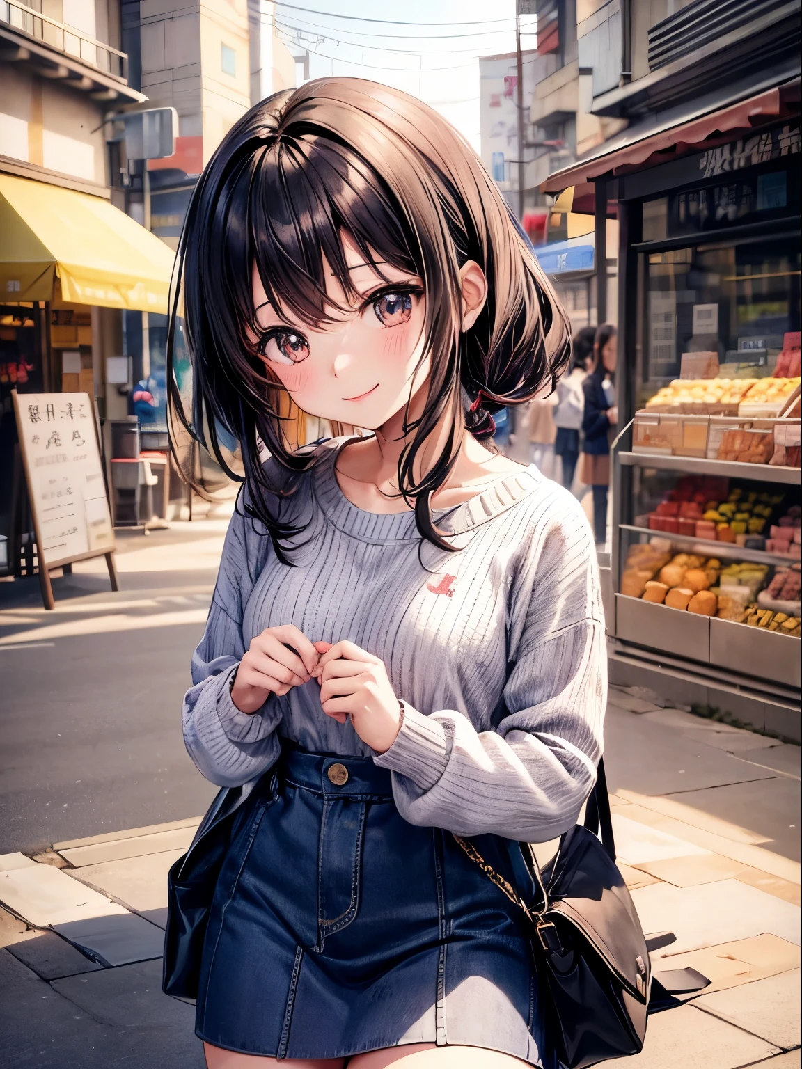 black hair、one cute girl、alone、and soul、blush、knit sweater、gal、chest exposure