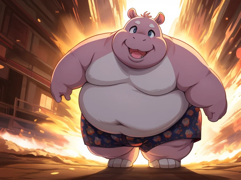 cute, (Fat, Obese, Overweight male, anthro, hippo), (detailed eyes, detailed mouth), bright lighting, full of effects, background effects, digital illustration, masterpiece, anime style, perfect obese anatomy, perfect face, centered, approaching perfection, dynamic, highly detailed, smooth, cotton boxers