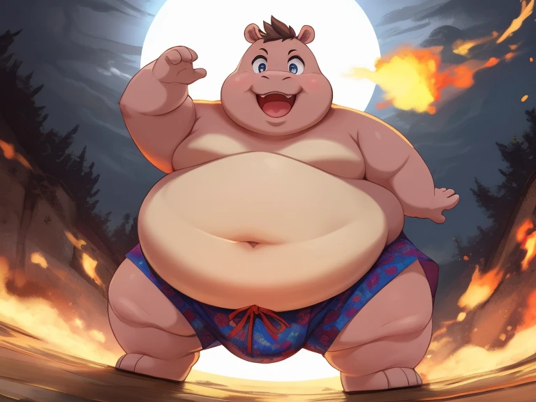 cute, (Fat, Obese, Overweight male, anthro, hippo), (detailed eyes, detailed mouth), bright lighting, full of effects, background effects, digital illustration, masterpiece, anime style, perfect obese anatomy, perfect face, centered, approaching perfection, dynamic, highly detailed, smooth, cotton boxers