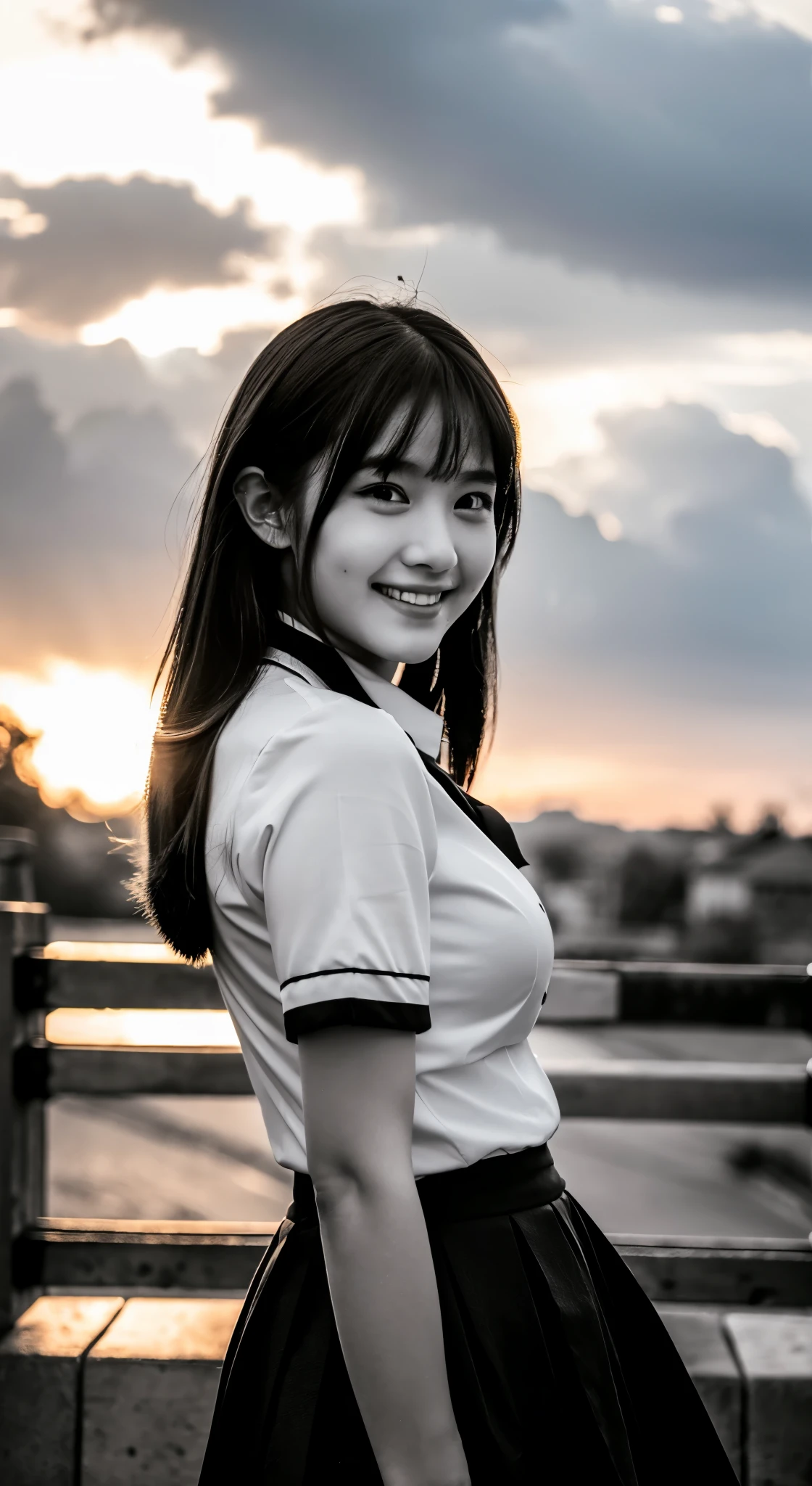 (top-quality,​masterpiece:1.3,8K),(Photorealsitic:1.4,RAW shooting,Caustics),(Monochrome photography:1.2),Back lighting,the setting sun,Sunset sky,Scaly clouds,(Girl looking at the camera with a smile),Middle hair,large boob,School Uniforms,Bust-up shot