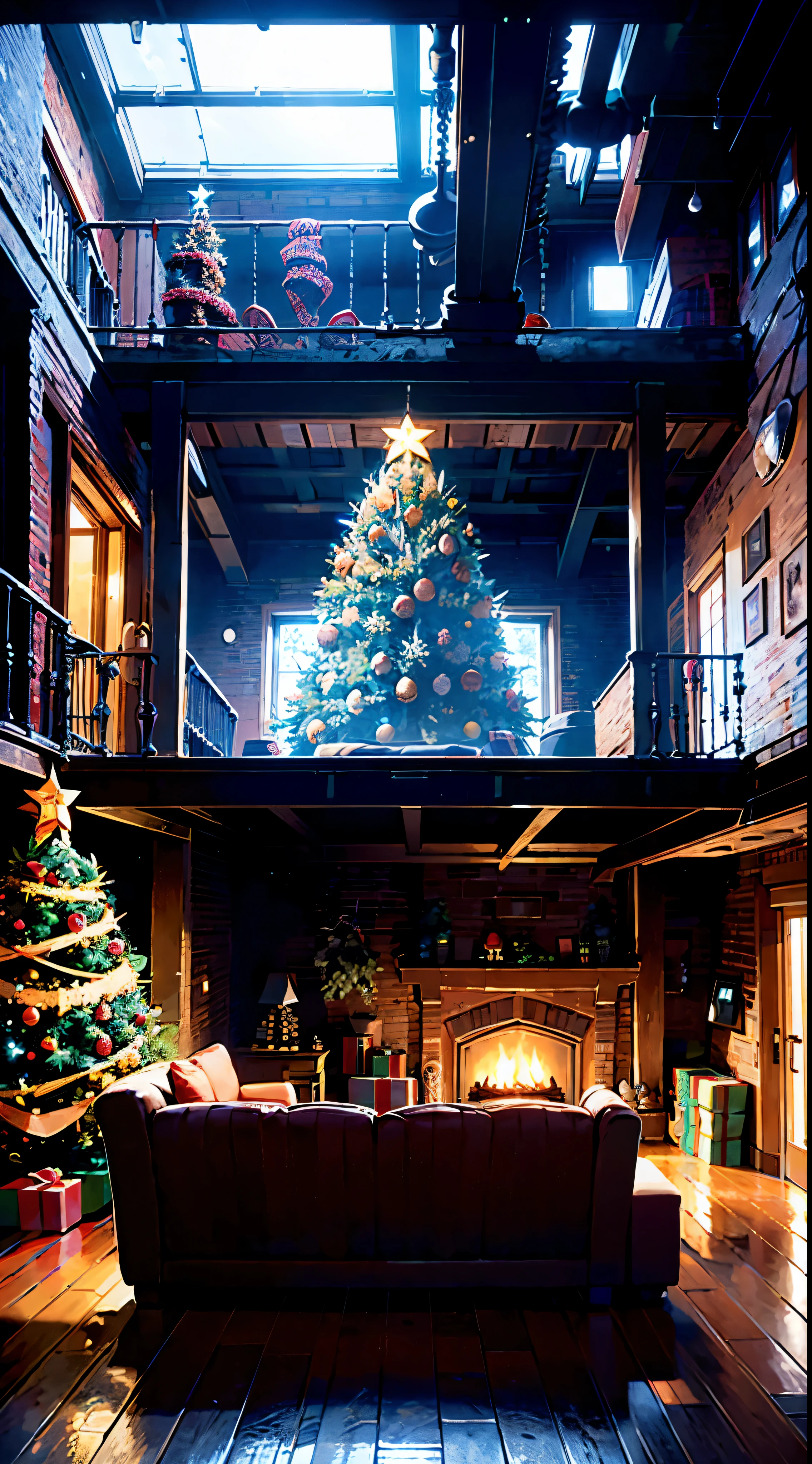 absurdres, highres, (photo background:1.2), (super realistic background:1.3), sense of depth BREAK (future scenery:1.5), in the mechanical living room, (RGB colored LED light:1.3), (neon light:1.3) BREAK (in the huge iron house background:1.3), A wonderful embroidered rug on a iron floor, a stone fireplace, (a large Christmas tree:1.5), snow outside the iron window, decorations on the walls, a iron sofa, indirect lighting, gift boxes, ribbon, boots, gear, (mechanical atmosphere:1.6), (future atmosphere:1.6),