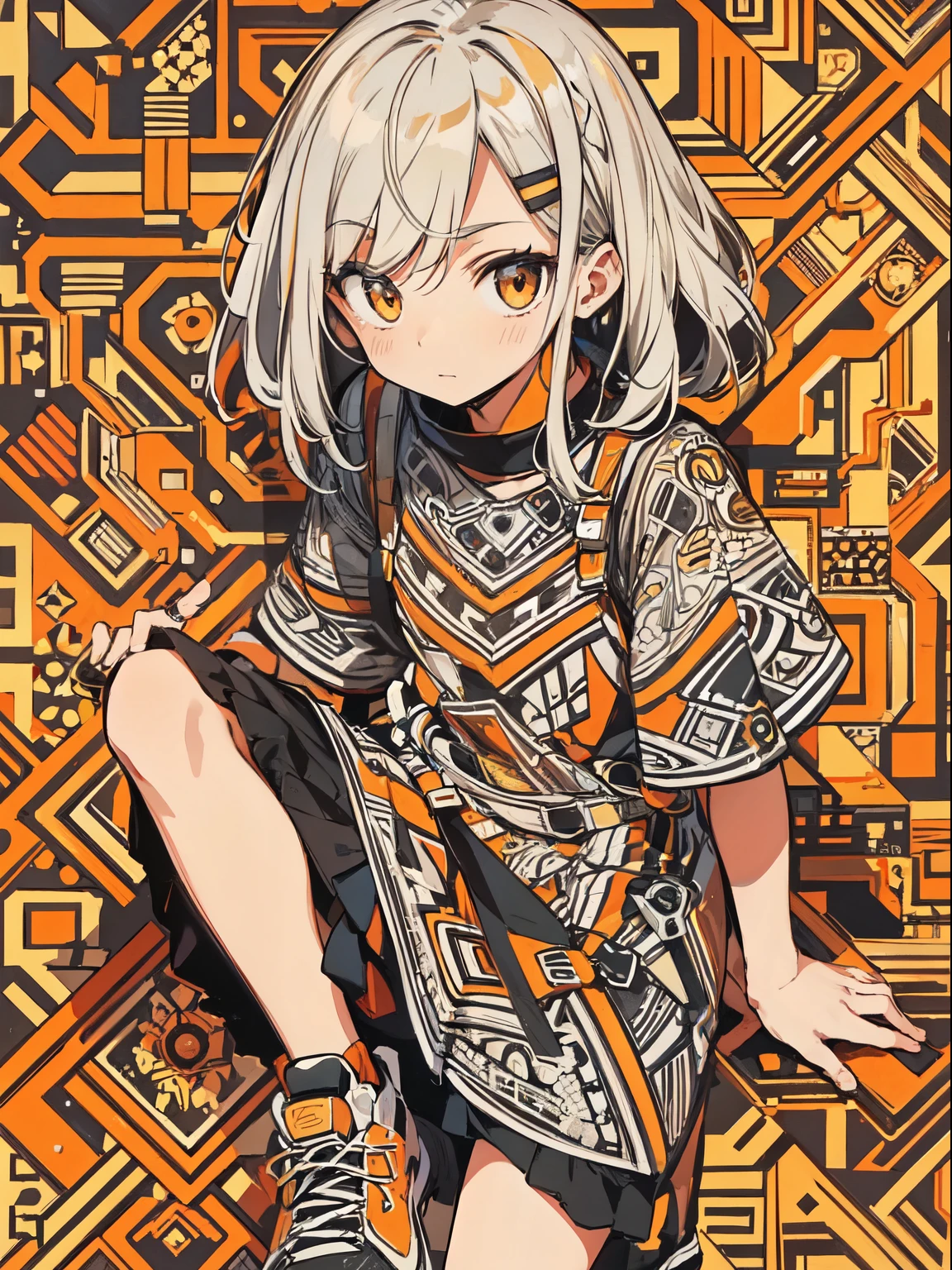 High-resolution digital art style with vibrant colors and sharp line work BREAK A three-quarter view with the character seated and looking slightly upwards towards the viewer BREAK A young female character with pale hair, golden eyes, geometric patterned clothing, and modern sneakers BREAK An intricate background consisting of a labyrinth of orange and black circuit-like patterns.