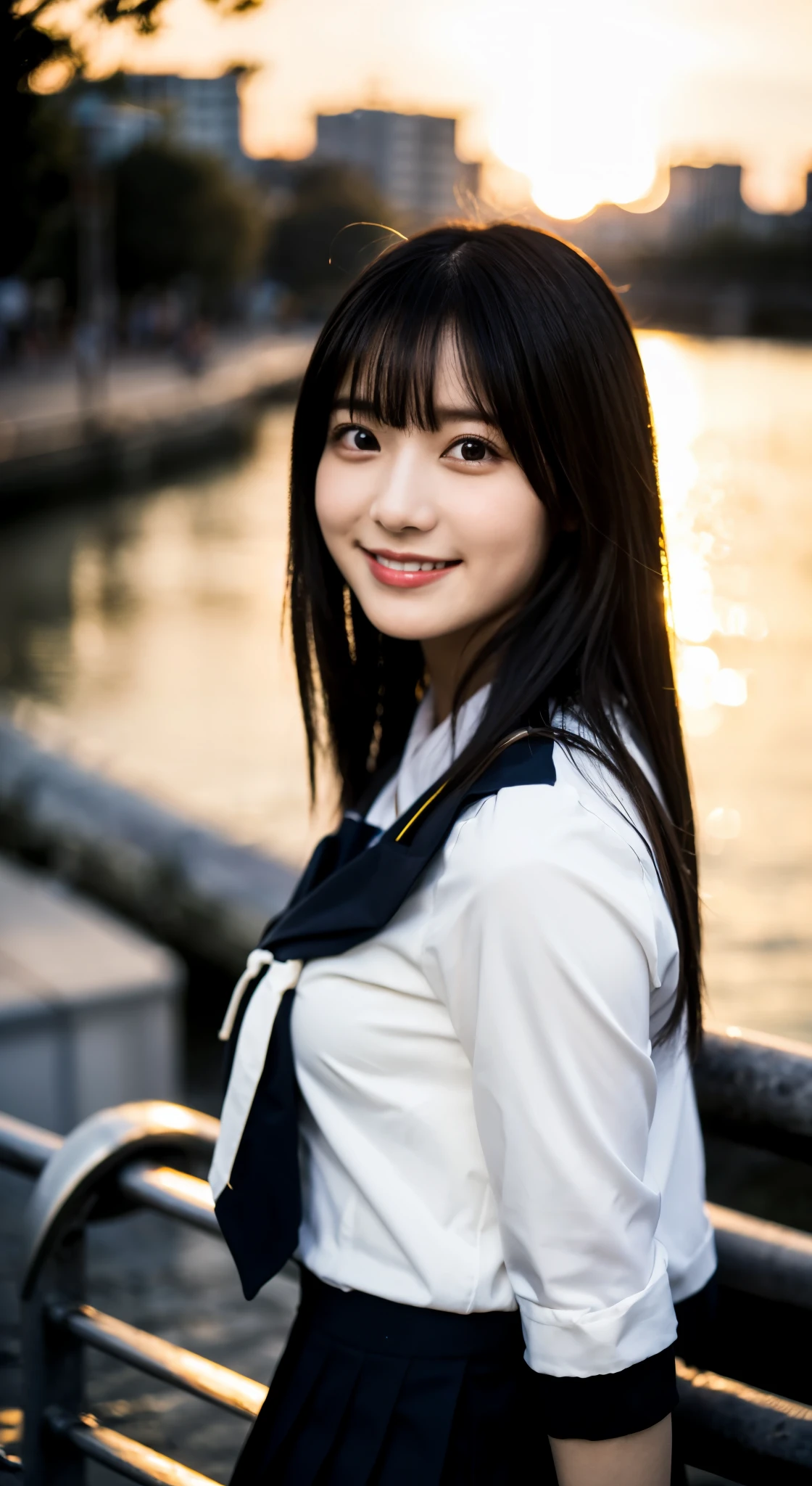 (top-quality,masterpiece:1.3,8K),(Photorealsitic:1.4,RAW shooting,Caustics),(Monochrome photography:1.3),back lighting:1.1,the setting sun,Sunset sky,云,(Girl looking at the camera with a smile),(Banks along the river),the setting sunを反射する川面,Middle hair,large boob,School Uniforms,Bust-up shot