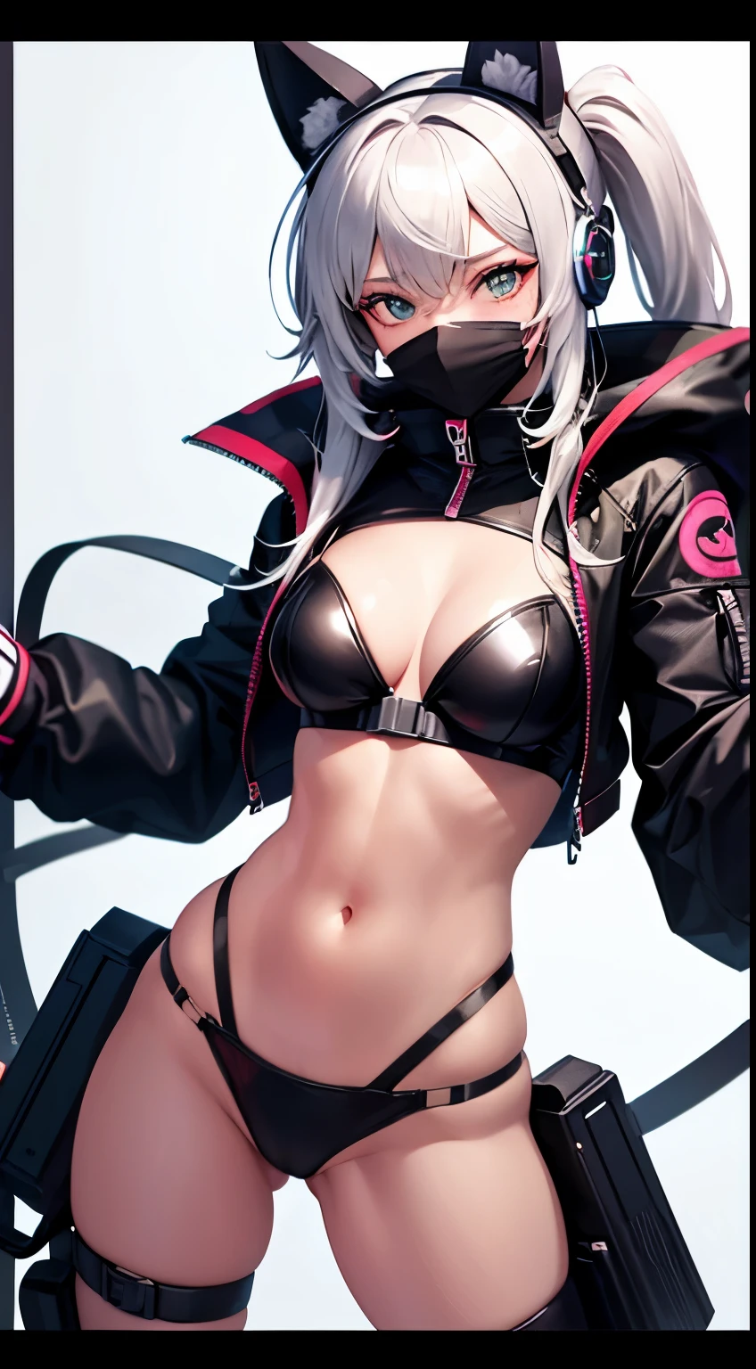 cyberpunk girl, neko ears, neko tail, cyber mask, cyber jacket, neon bikini, high quality, 4K, 5 fingers on hand, white background