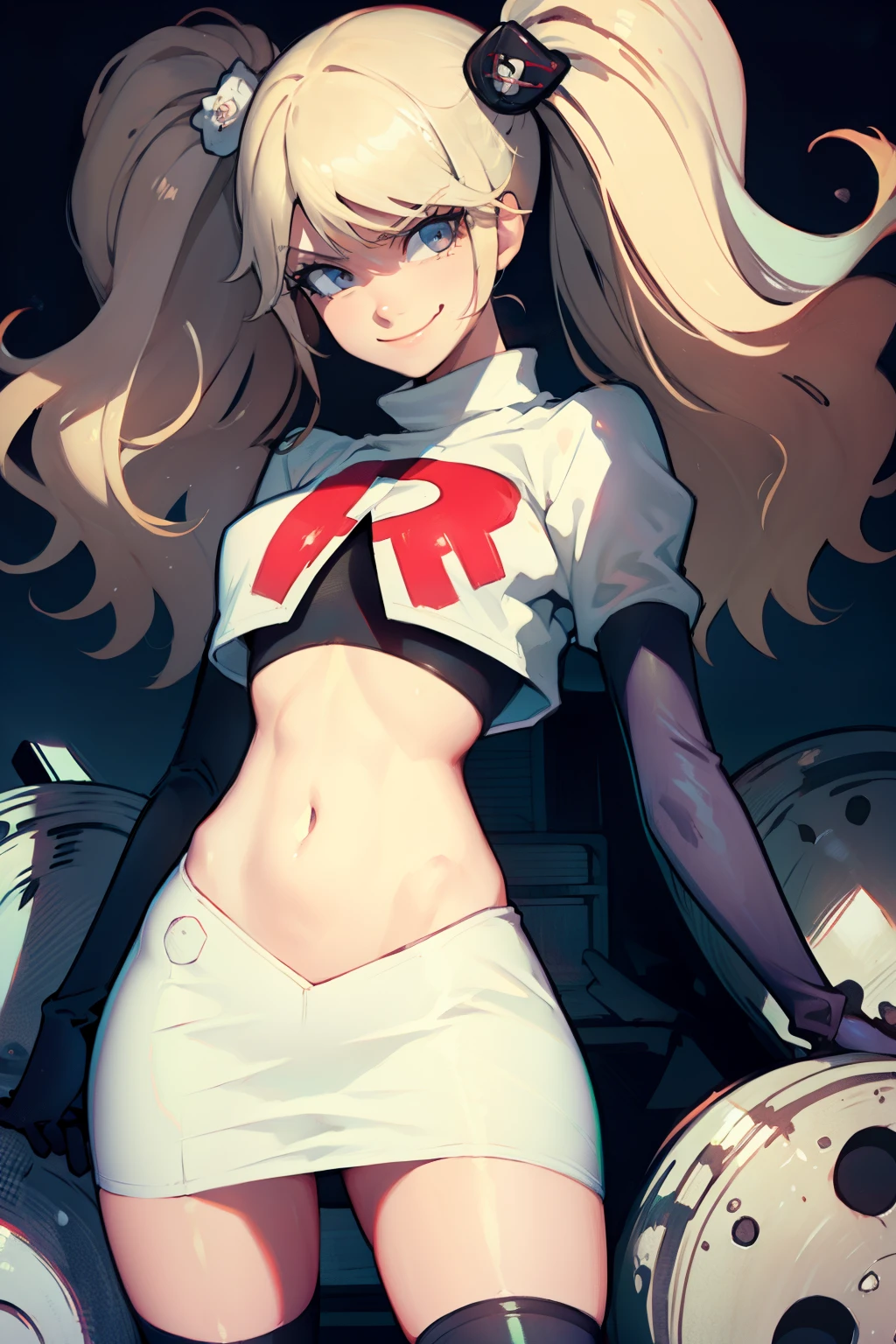 junko enoshima, glossy lips ,team rocket,team rocket uniform, red letter R, white skirt,white crop top,black thigh-high boots, black elbow gloves , looking at viewer, evil smile, arms crossed