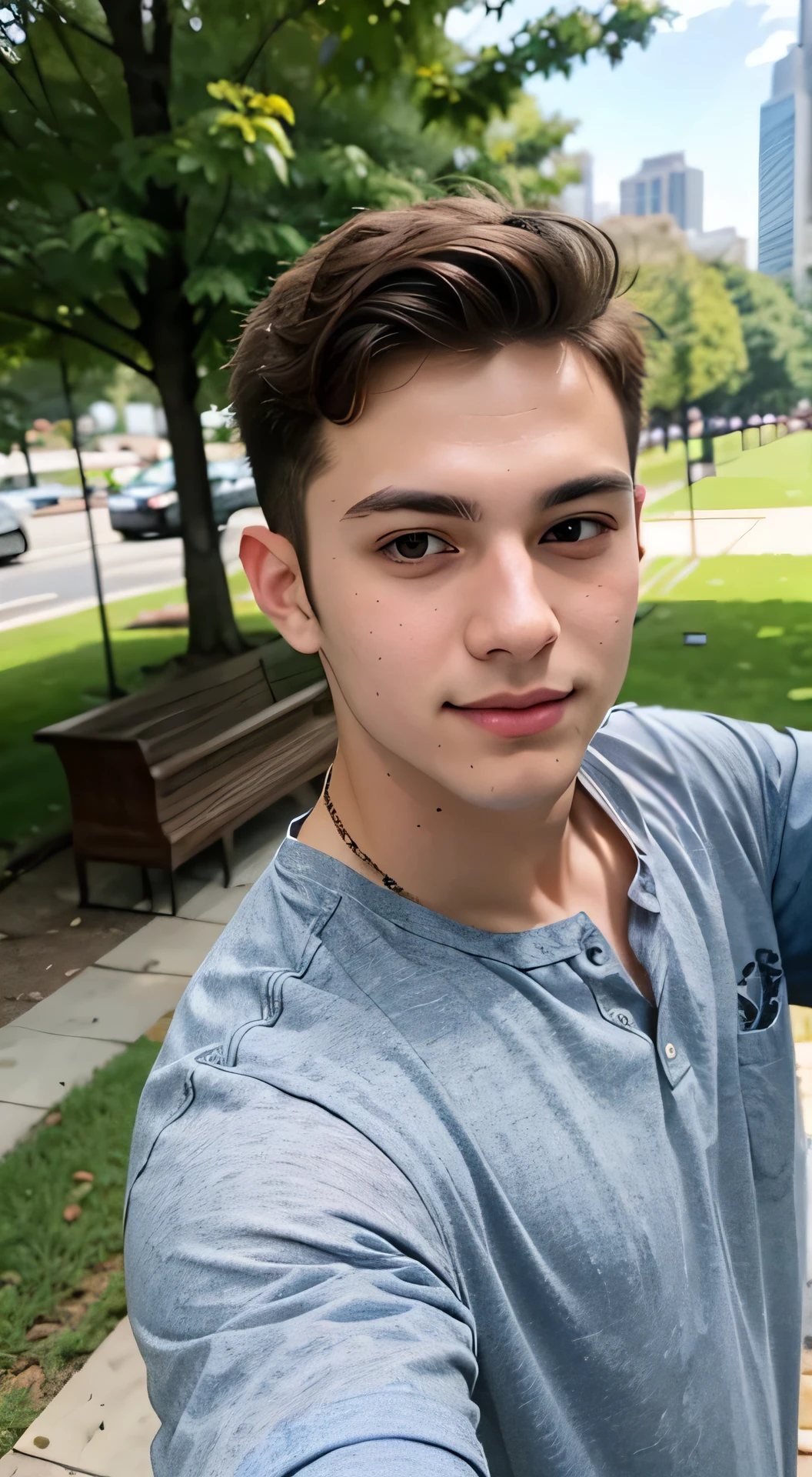 20 year old handsome man selfie, Above the chest, Park background