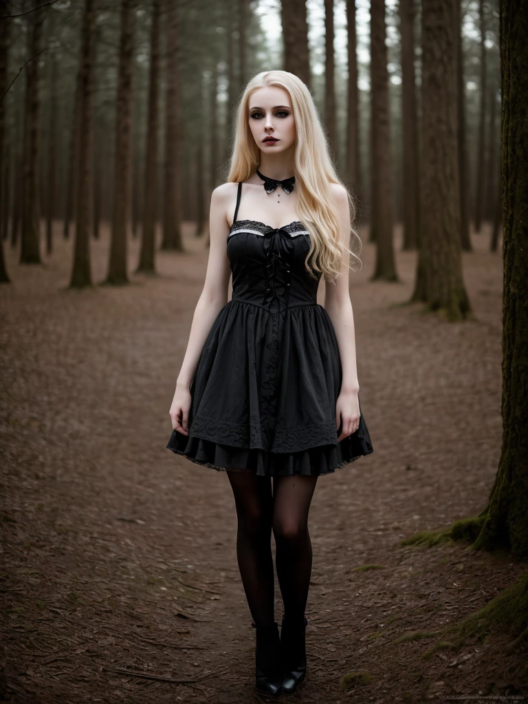 (masterpiece, best quality:1.4), solo, 1 cute girl, blonde, grey eyes, (22 years old, petite:1.2), gothic dress, Medium breasts, skinny, 8k, extremely detailed face and eyes, emotionless face, (pale skin, gothic make-up:1.15), nsfw, standing, walking in a dark forest, blood moon,