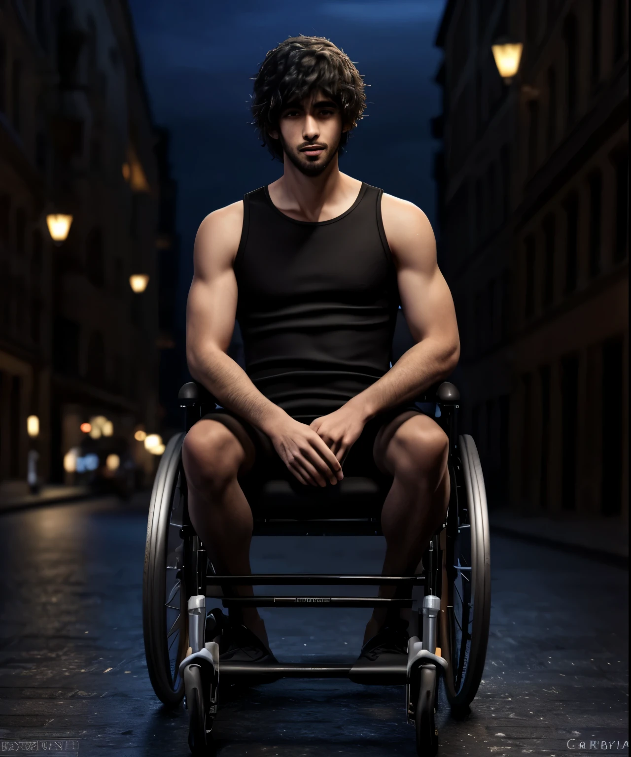 1male people, tmasterpiece, 4K, wheelchair, City night scene background, Carlos Oliveira, sportrait, Black fluffy hair,Sit Pose