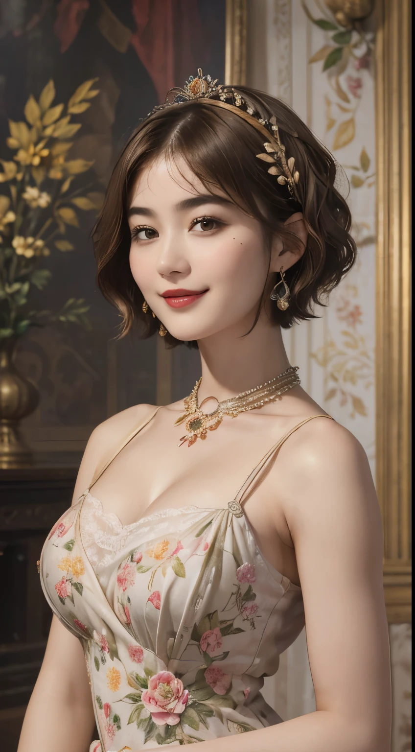 141
(a 20 yo woman,in the palace), (A hyper-realistic), (high-level image quality), ((beautiful hairstyle 46)), ((short-hair:1.46)), (kindly smile), (breasted:1.1), (lipsticks), (is wearing dress), (murky,wide,Luxurious room), (florals), (an oil painting、Rembrandt)