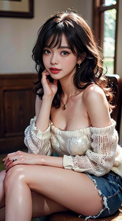 ((Detailed eyes)) ((detailed hair)), detailed skirt, detailed body, ((detailed face)) (top quality, 8k, masterpiece: 1.retty woman with perfect figure: 1.4, dark brown hair, big, wearing pendants, torn shorts, very detailed face and skin, detailed eyes, double eyelids, top quality, masterpiece, (photorealistic: 1.4), one woman, golden ratio, upper eye care, perfect face, beautiful figure, face close-up, long hair, gloss, highlight, gloss, glossy on skin, glossy on skin, wet skin, wet, bangs, cute smile, bust, off-shoulder, refreshing charm, elegant, perfect hands, shiny, highlight, glossy skin, bangs, bust, big, Warm off-shoulder, refreshing charm, ears out, gaze to the camera, poses at different angleshttps,(((Flawless Skin, Blushing Red Cheeks, Glitter Eyes and Aegyo Sal, Natural eyebrows, Curled eyelashes and thin eyeliner Blurred lips to look sexier))) (((()))) ((((climax))))