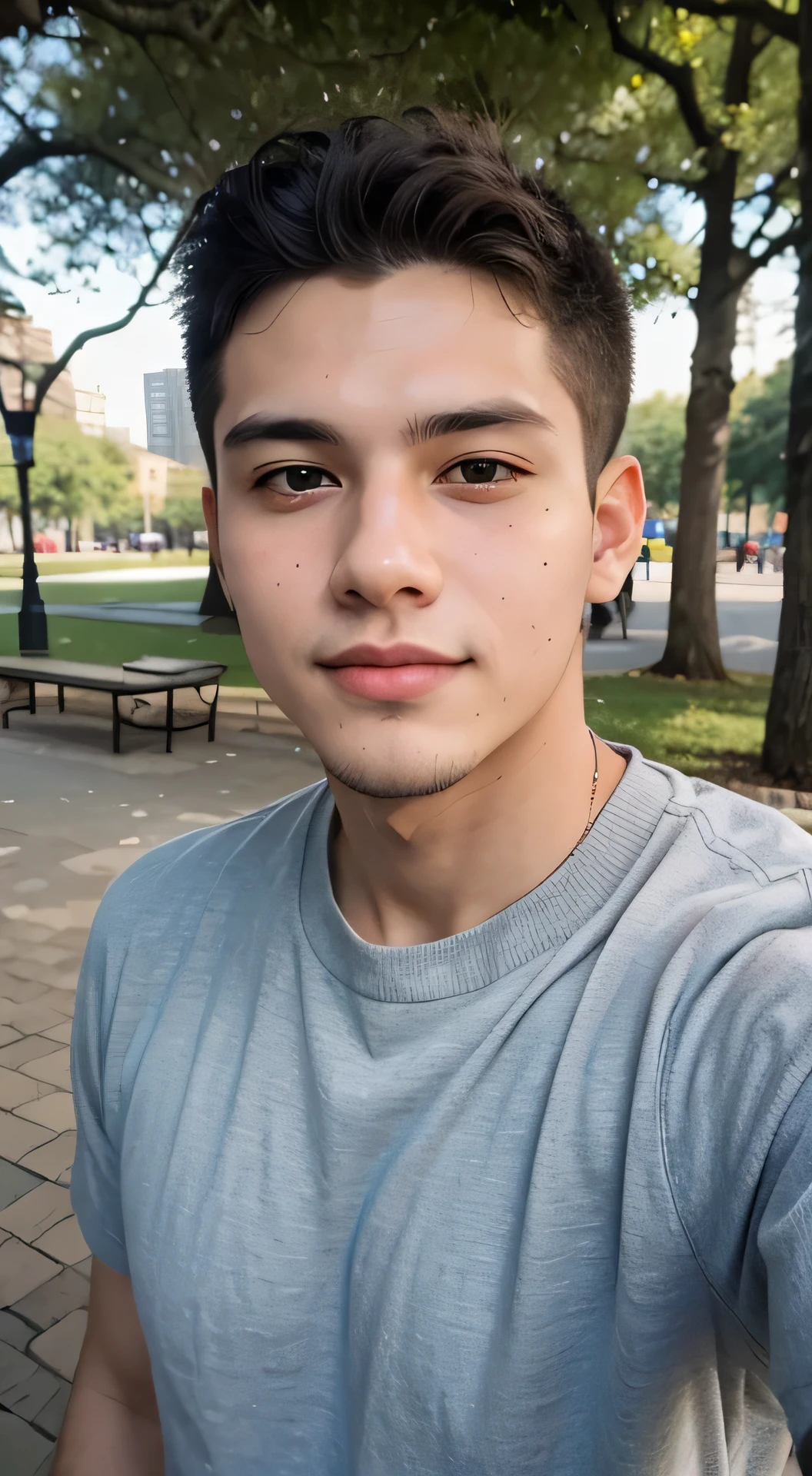 20 year old handsome man selfie, Above the chest, Park background