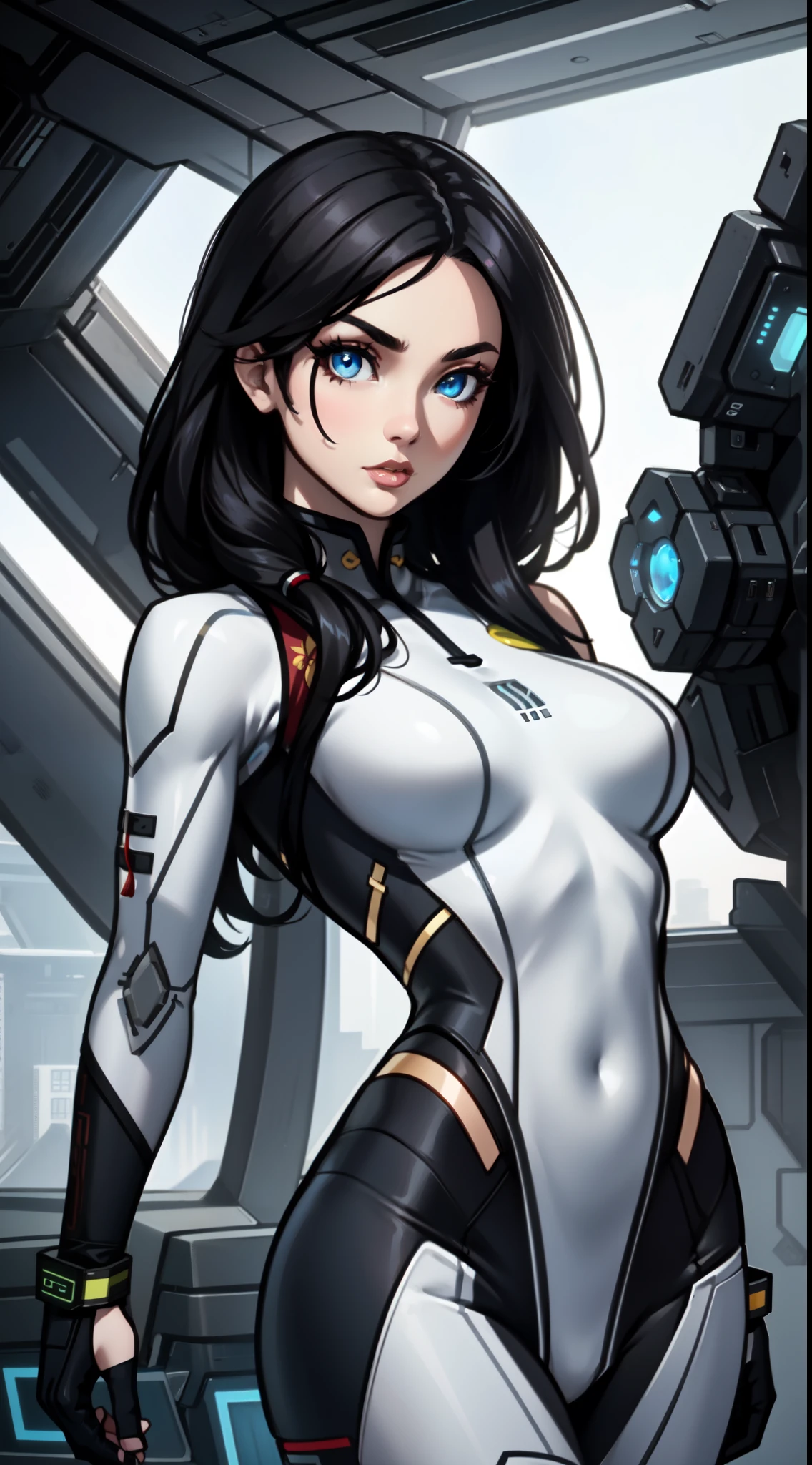 A (Chinese) female, with long dark (black) hair, blue eyes, pale (grey skin), (athletic), tall woman, (alluring fighter), (cute) martial-arts garb, (humanoid) alien, (Sci-fi) fantasy, (medium shot), perfect composition, hyper-detailed, 8K, high quality, (perfect eyes), trending art, sharp focus, studio photo, intricate details, (Pin-up) pose