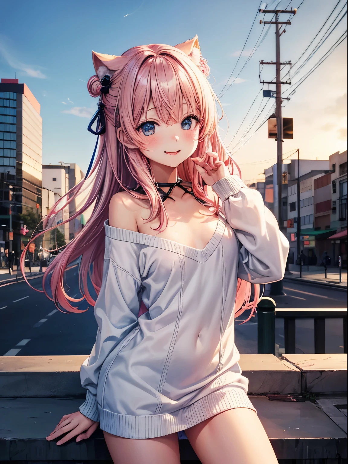 kawaii、girl with、Anime style、jpn、stare、a smile、Wear less revealing clothing、unclear、high-level image quality、kawaii服装、knitted sweater、up chest、Bruise Pose、Little devil system